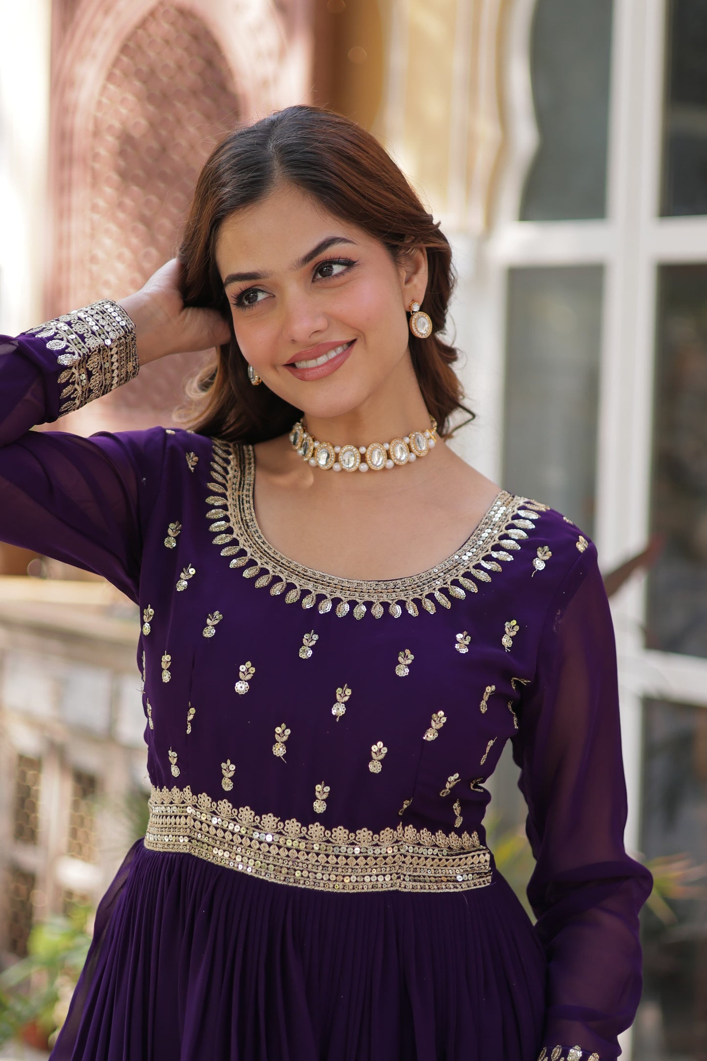Maroon Faux Blooming with Embroidery Zari Sequins Work Gown With Dupatta