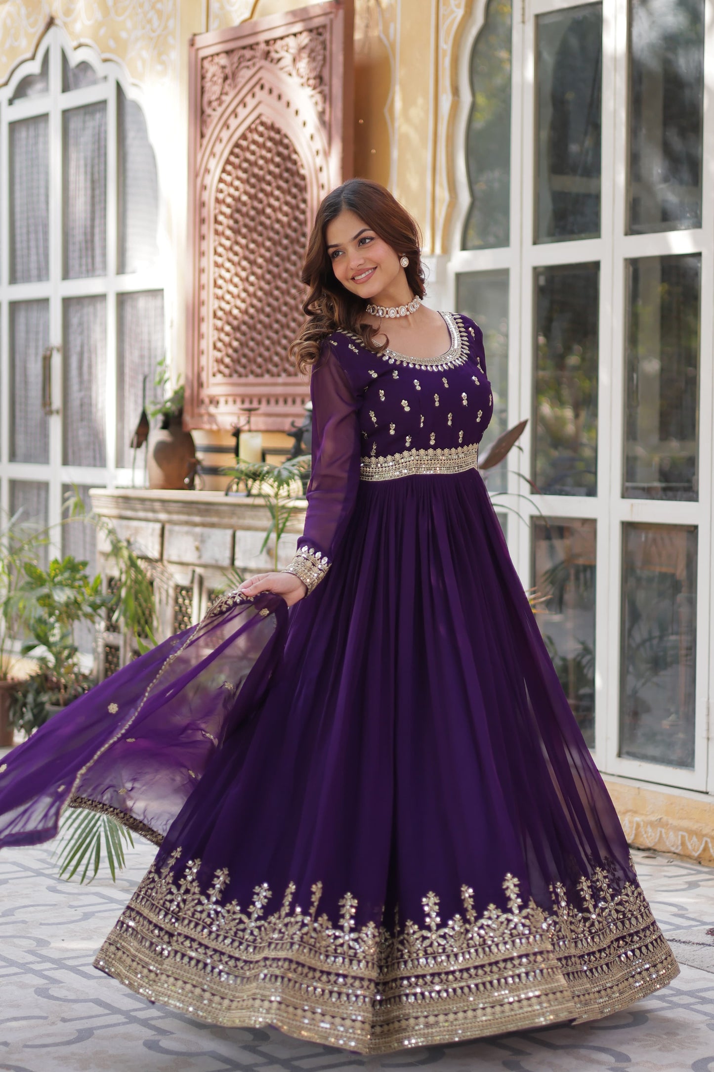 Maroon Faux Blooming with Embroidery Zari Sequins Work Gown With Dupatta