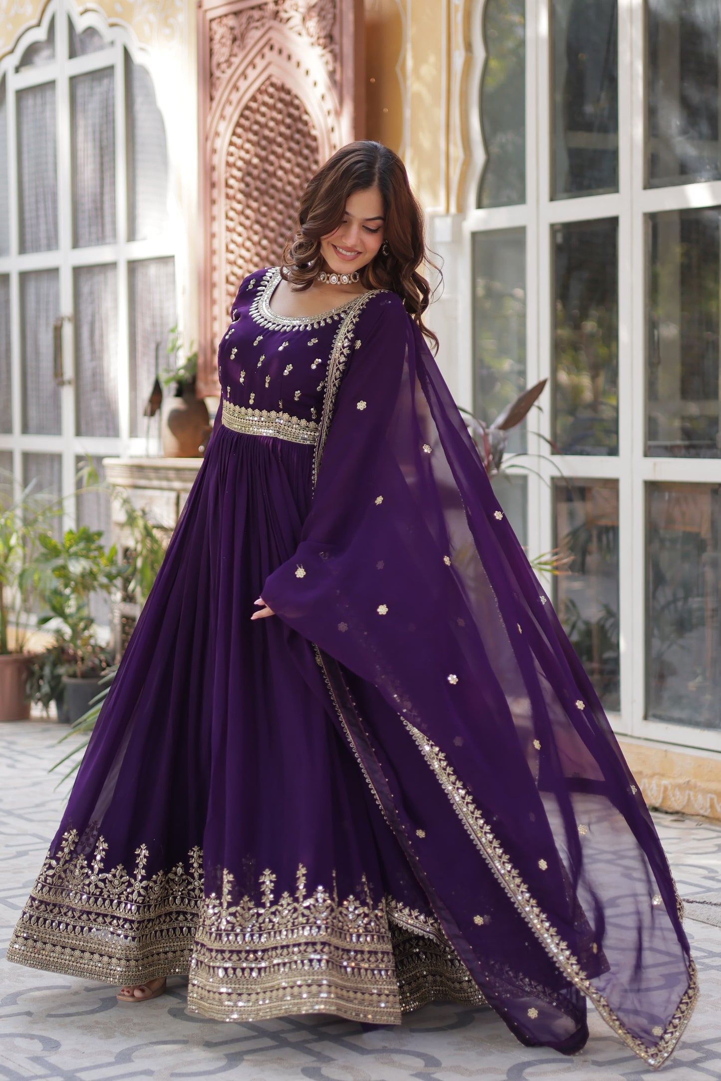 Maroon Faux Blooming with Embroidery Zari Sequins Work Gown With Dupatta