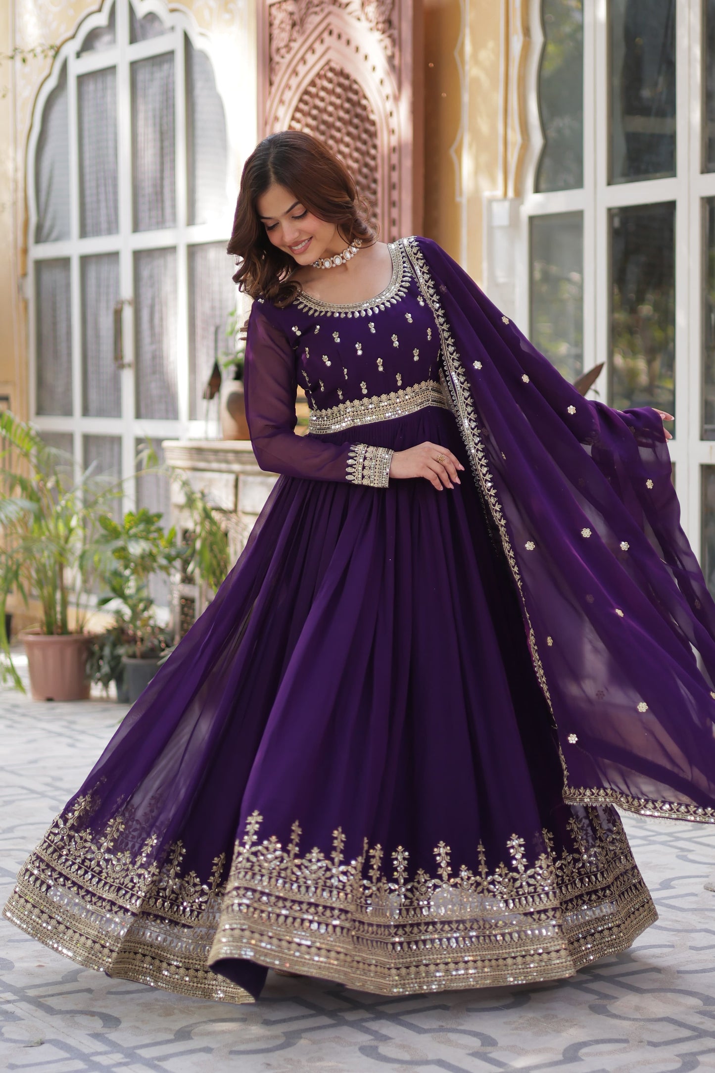 Maroon Faux Blooming with Embroidery Zari Sequins Work Gown With Dupatta