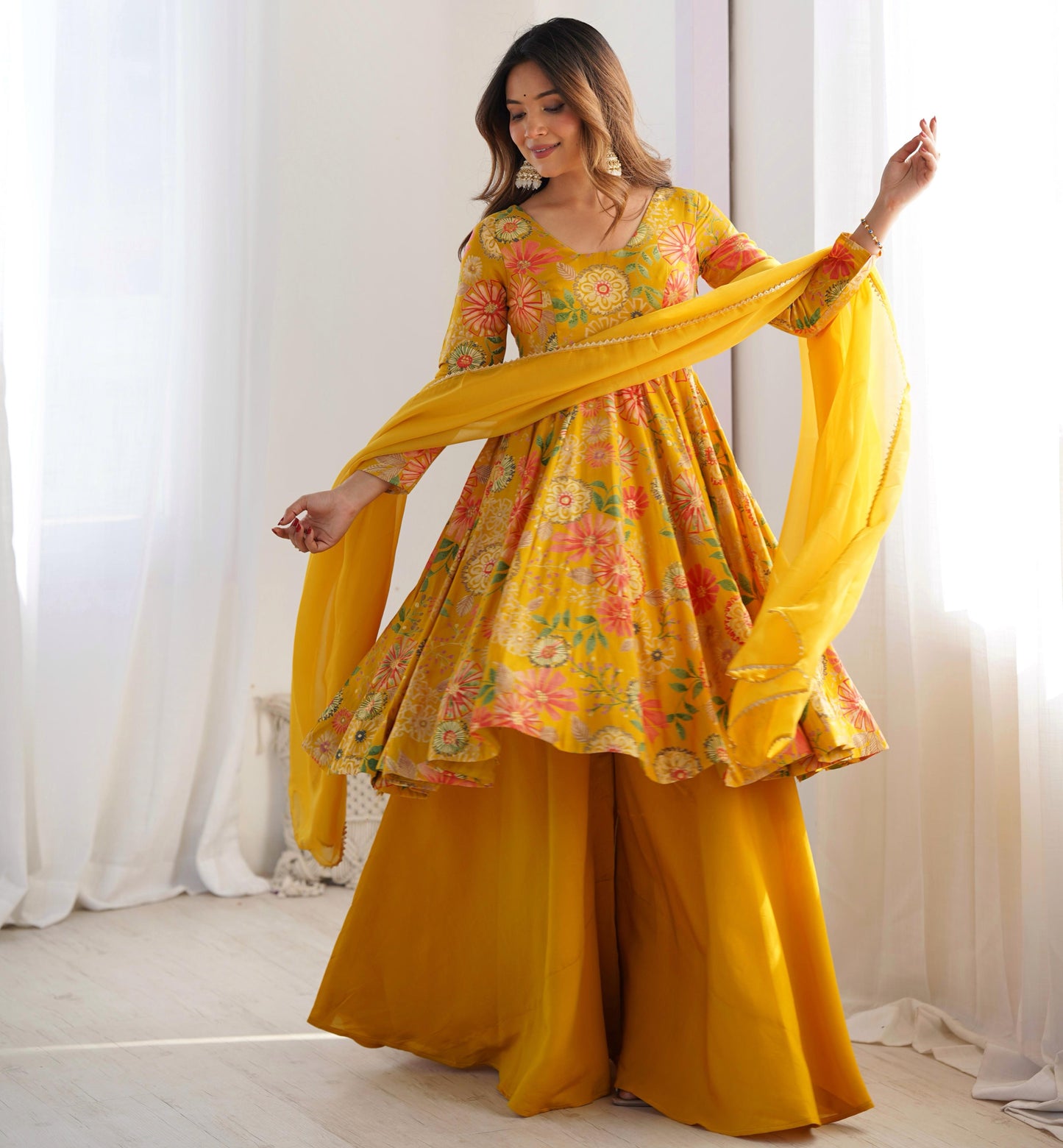 Yellow Romansilk Chanderi with Discharge Print Kediya kurta Set
