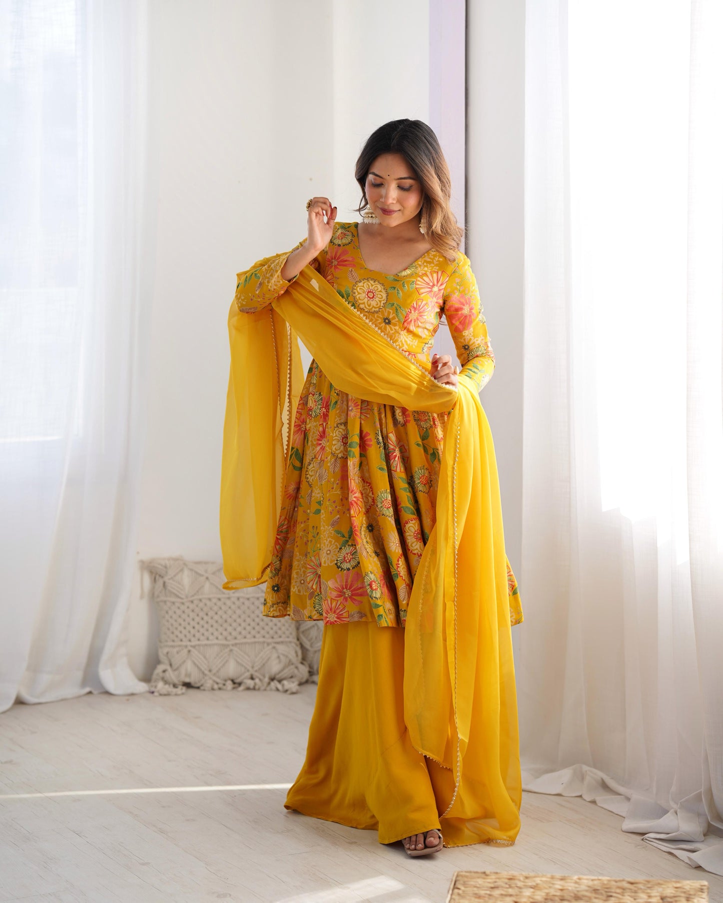 Yellow Romansilk Chanderi with Discharge Print Kediya kurta Set