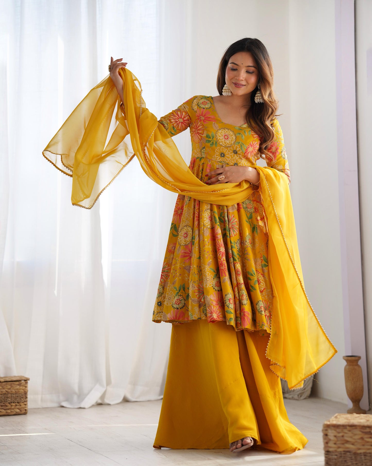 Yellow Romansilk Chanderi with Discharge Print Kediya kurta Set