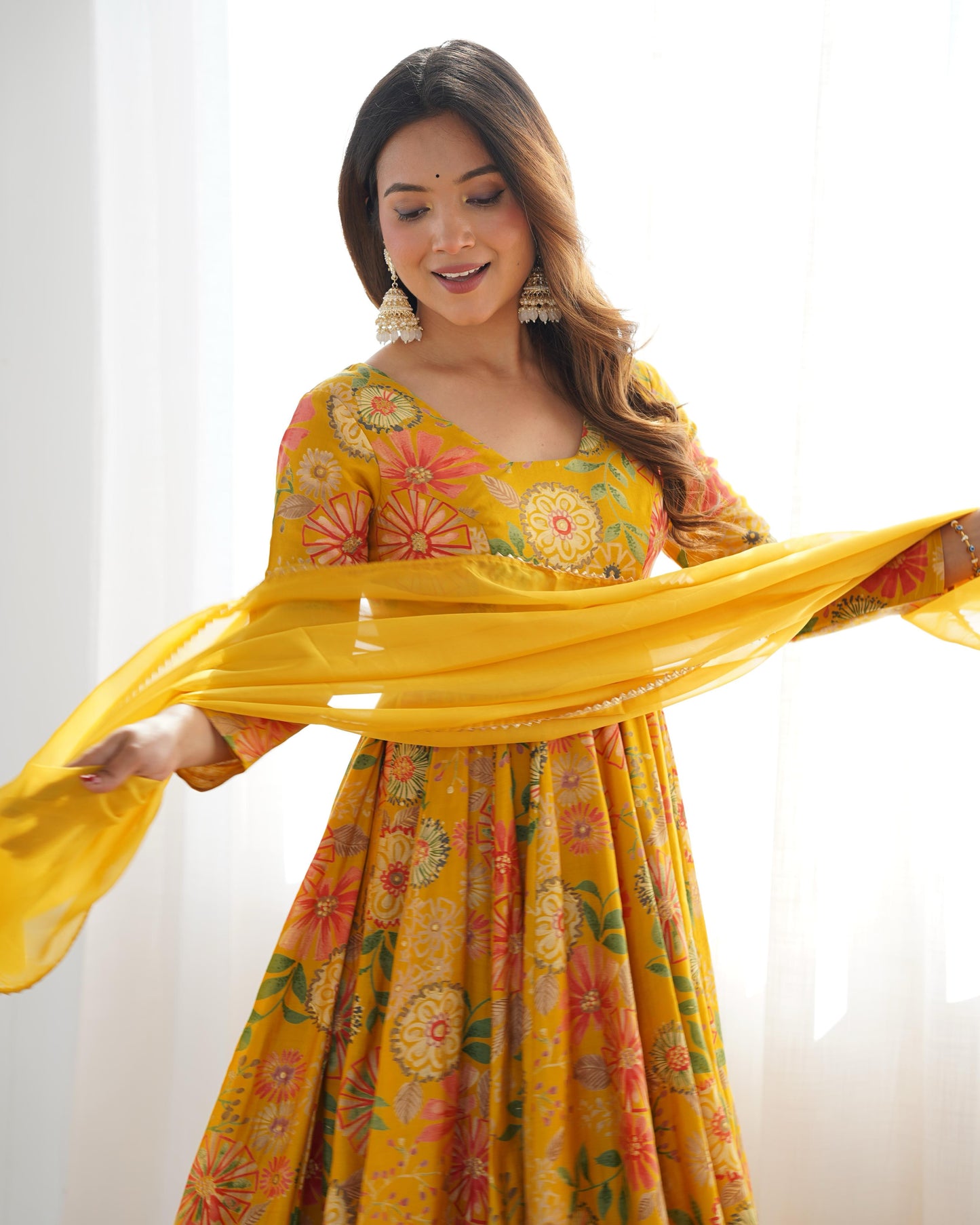 Yellow Romansilk Chanderi with Discharge Print Kediya kurta Set