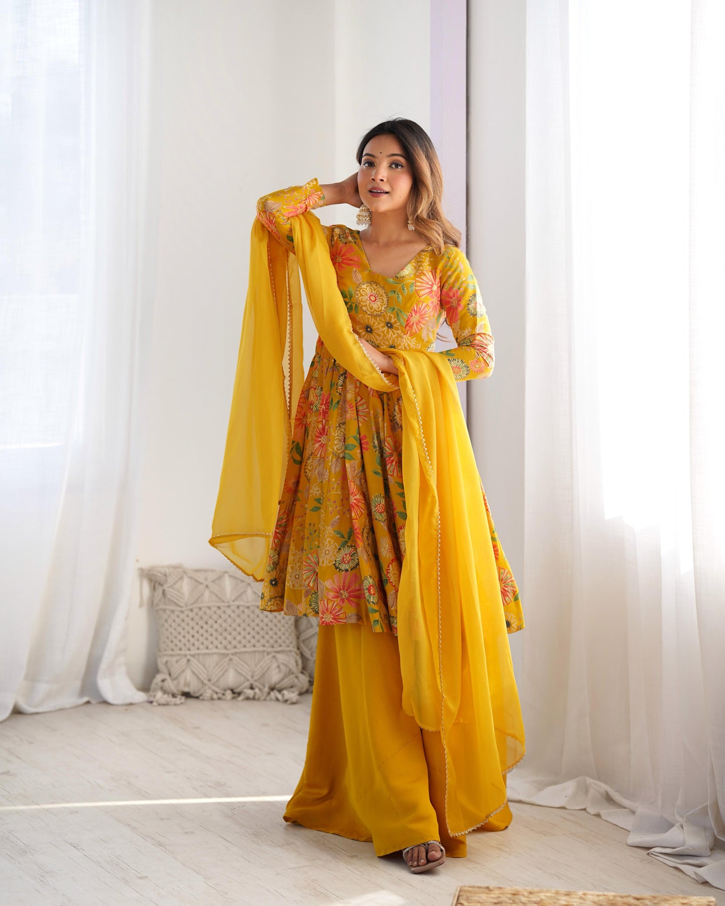 Yellow Romansilk Chanderi with Discharge Print Kediya kurta Set