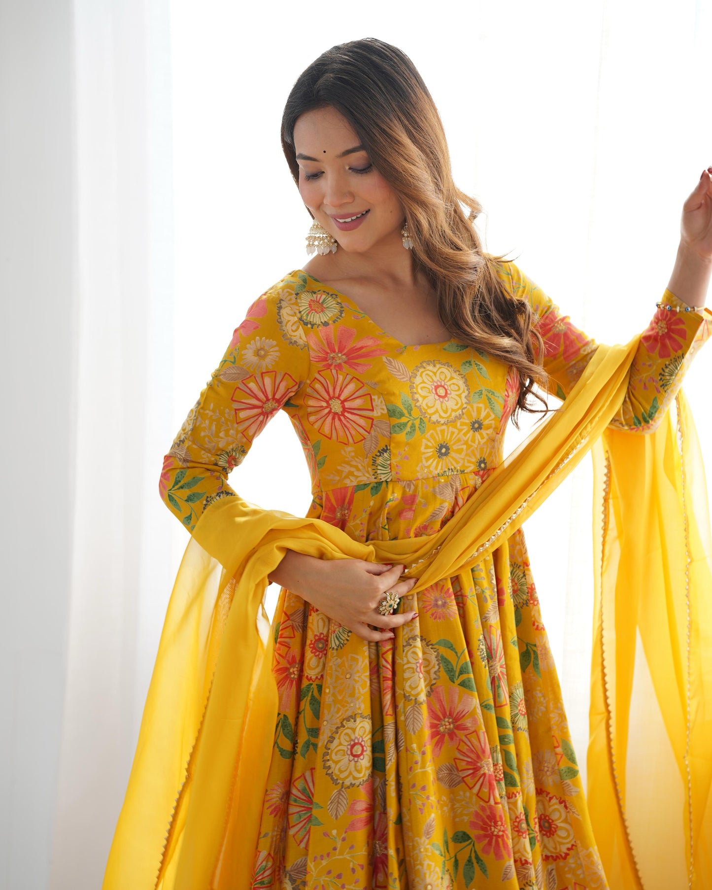 Yellow Romansilk Chanderi with Discharge Print Kediya kurta Set