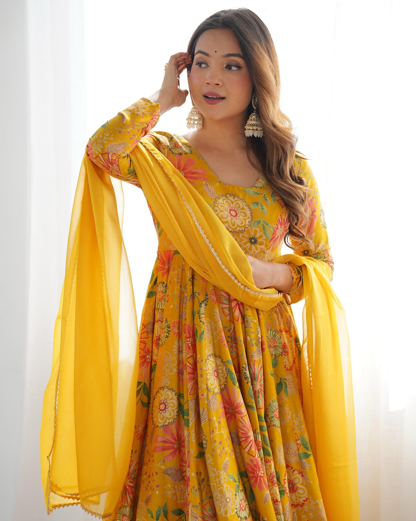 Yellow Romansilk Chanderi with Discharge Print Kediya kurta Set
