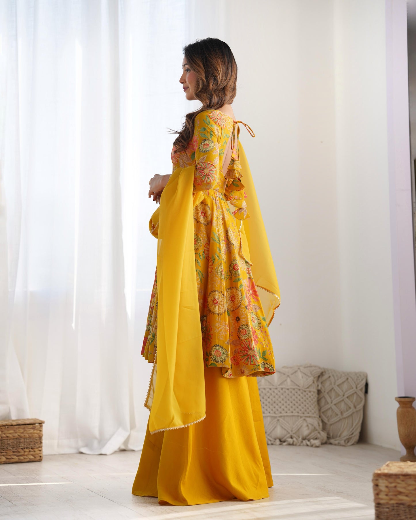 Yellow Romansilk Chanderi with Discharge Print Kediya kurta Set