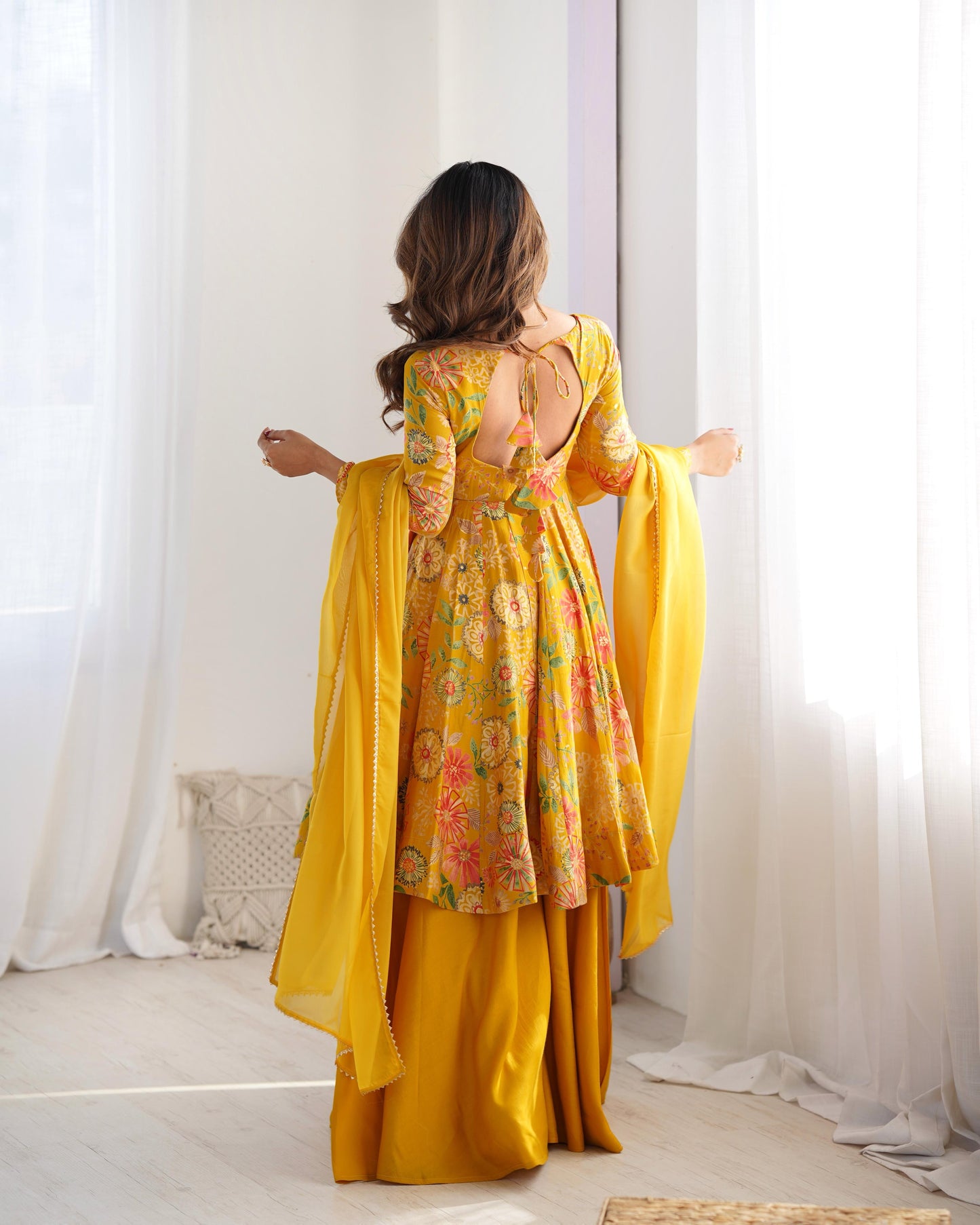 Yellow Romansilk Chanderi with Discharge Print Kediya kurta Set