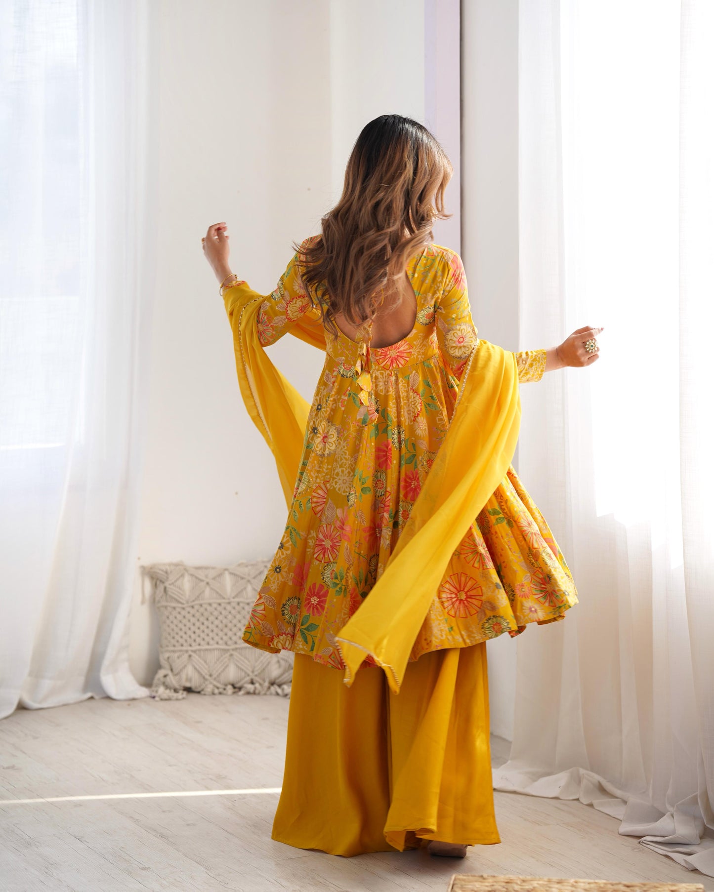 Yellow Romansilk Chanderi with Discharge Print Kediya kurta Set