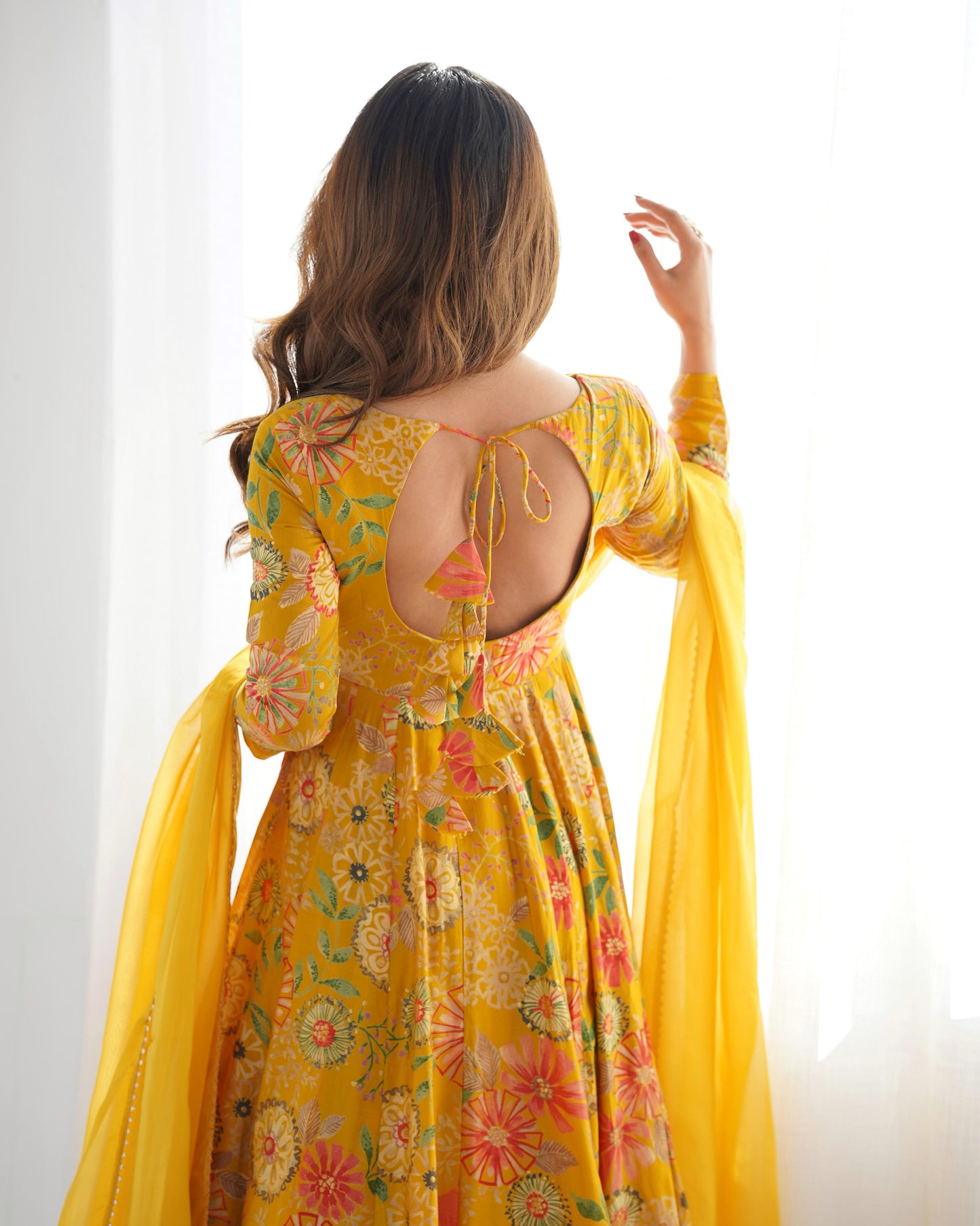 Yellow Romansilk Chanderi with Discharge Print Kediya kurta Set