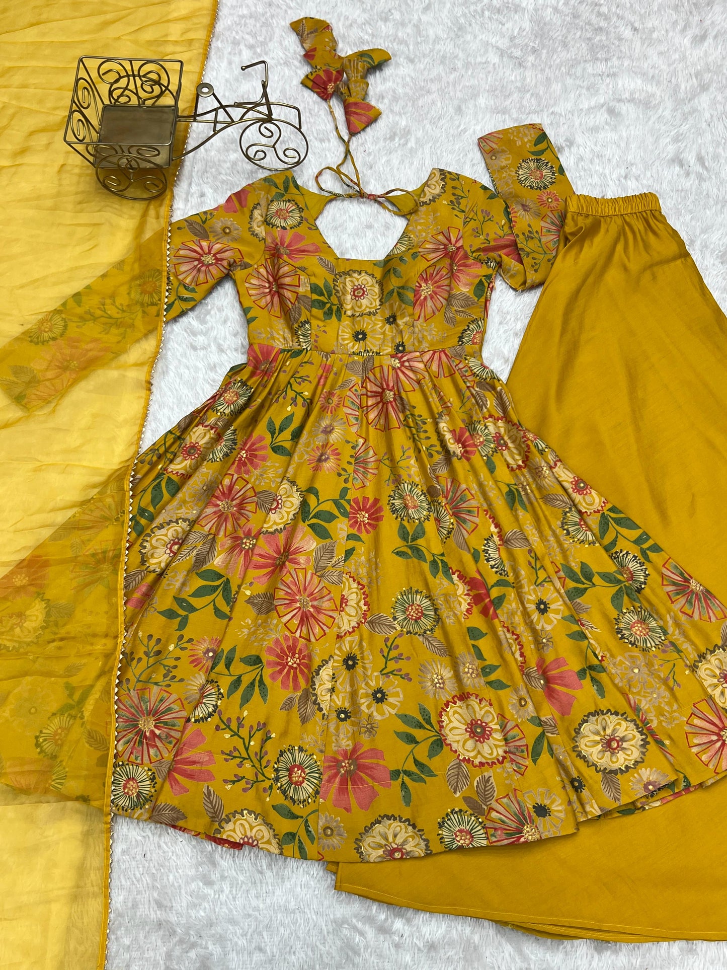 Yellow Romansilk Chanderi with Discharge Print Kediya kurta Set