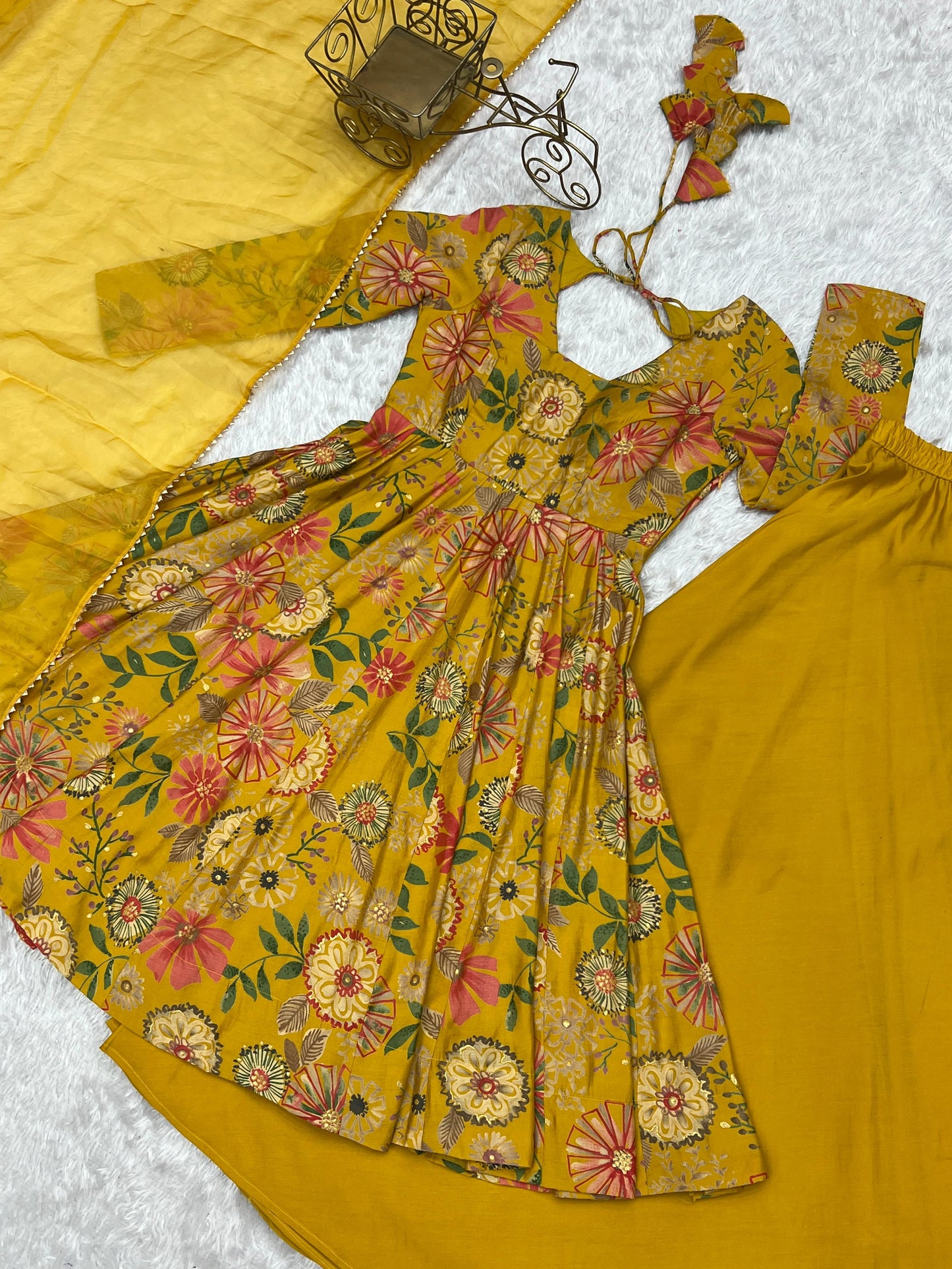 Yellow Romansilk Chanderi with Discharge Print Kediya kurta Set