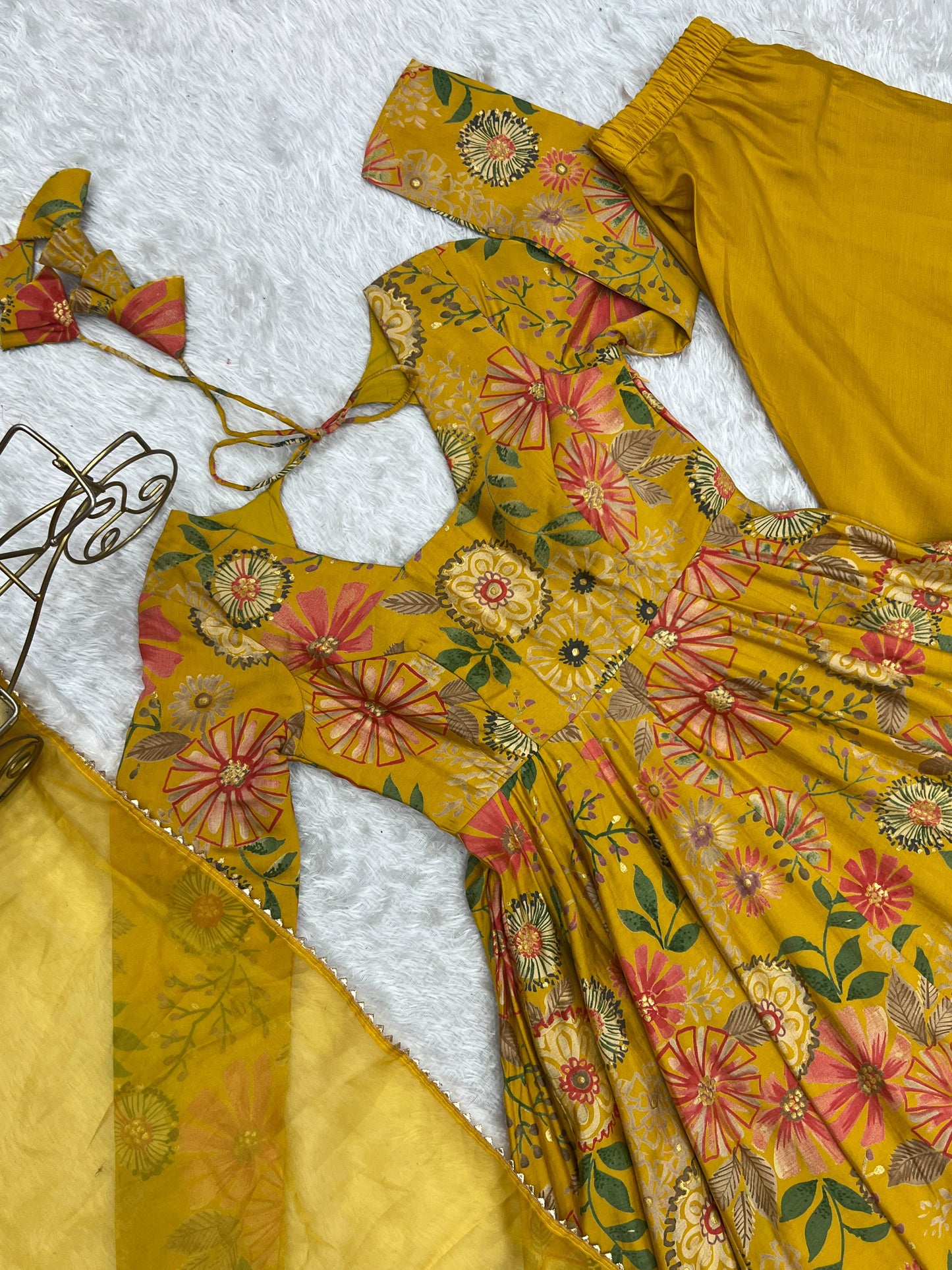 Yellow Romansilk Chanderi with Discharge Print Kediya kurta Set