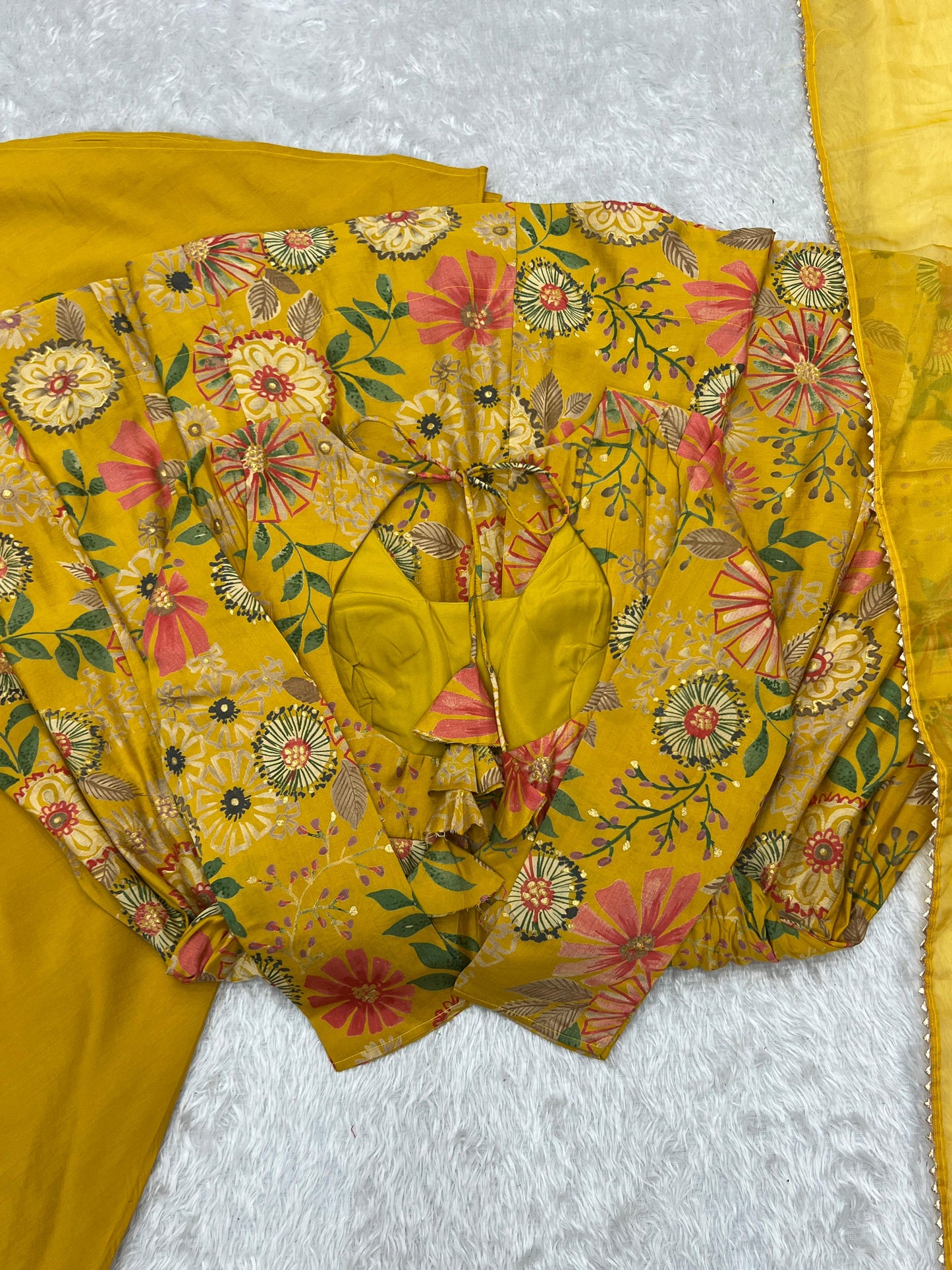 Yellow Romansilk Chanderi with Discharge Print Kediya kurta Set