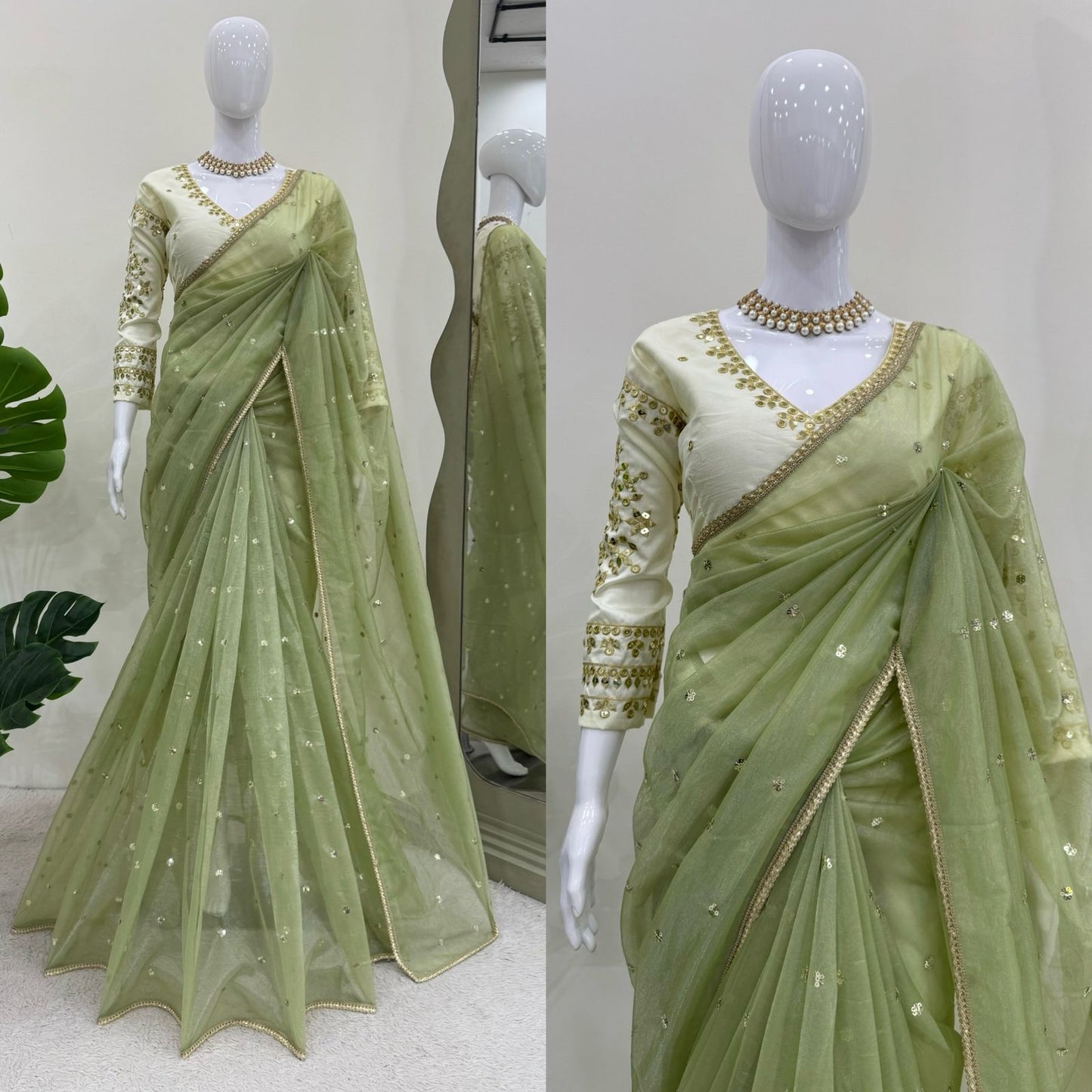 Lemon Green Heavy Twill Net With Sequins Work