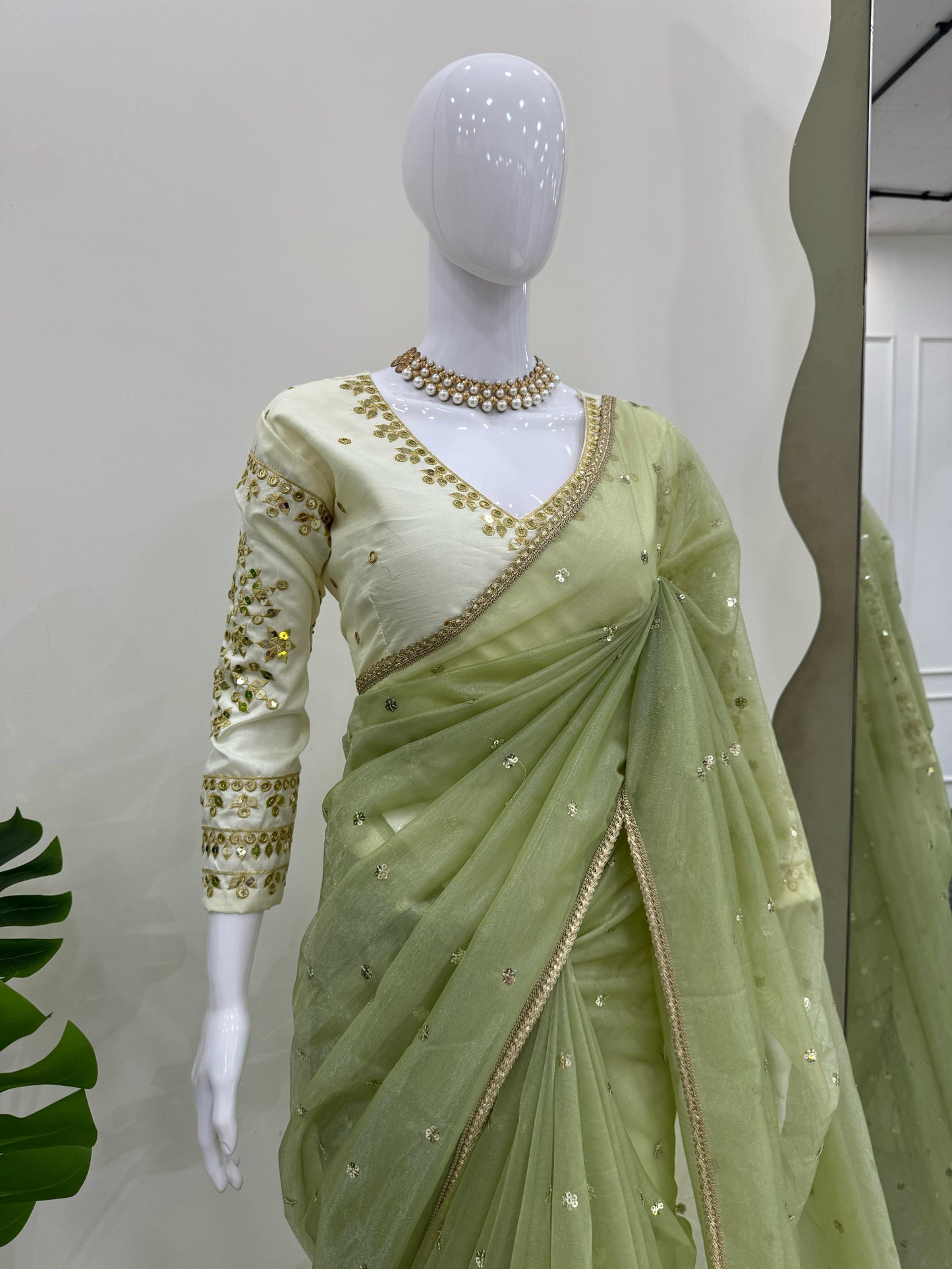 Lemon Green Heavy Twill Net With Sequins Work