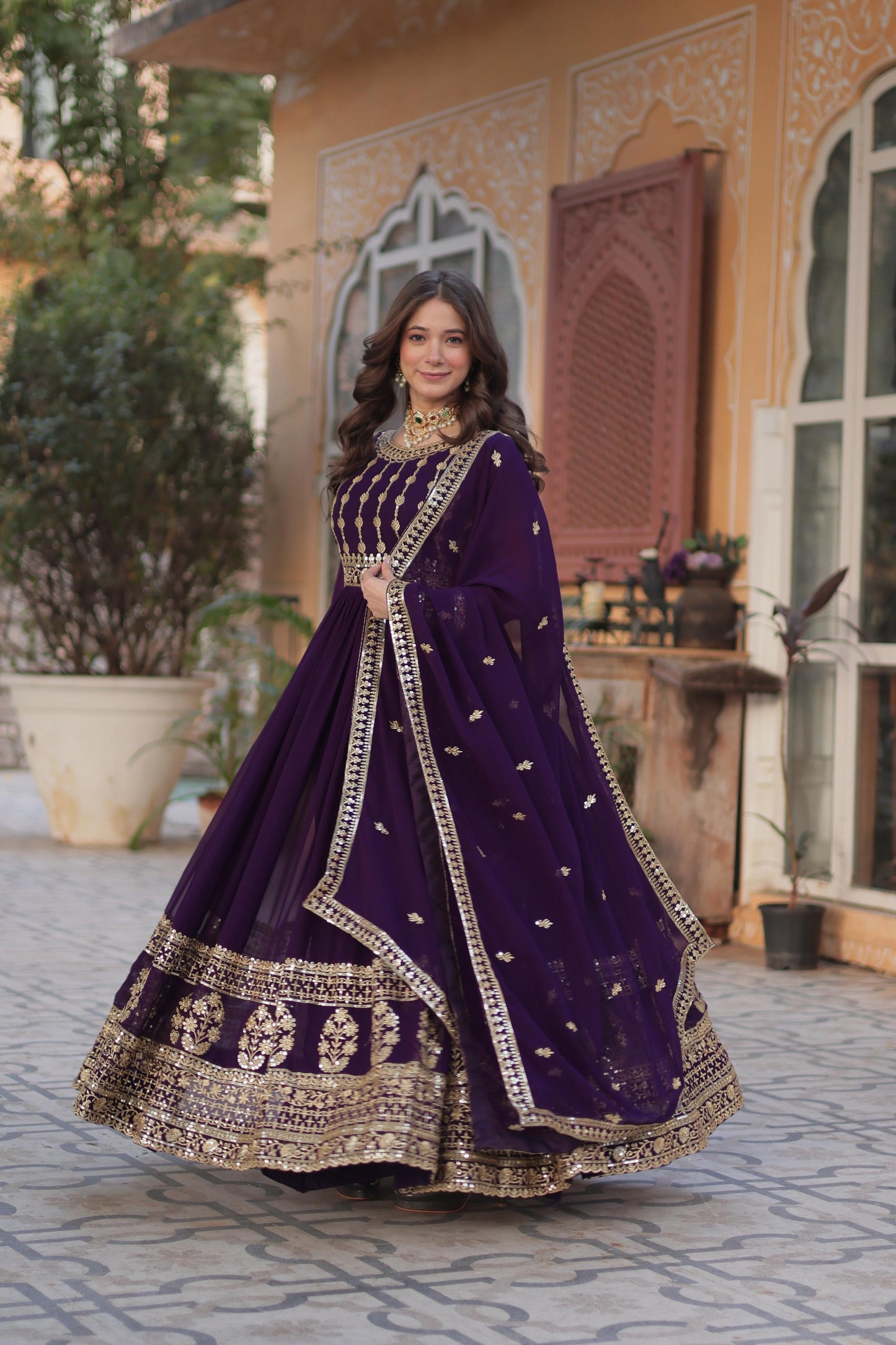 Maroon Embroidery Zari Sequins Work Gown With Dupatta