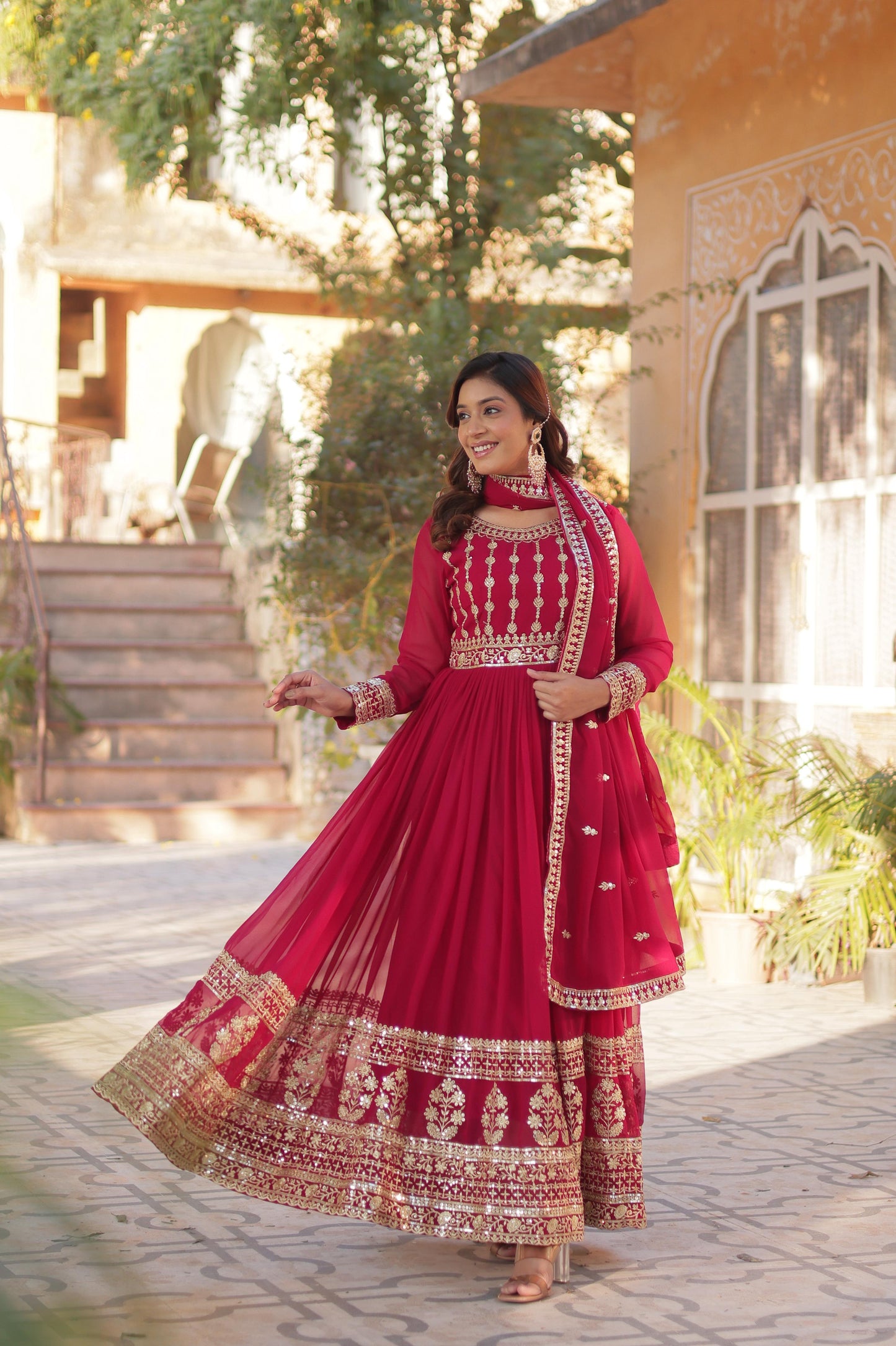 Maroon Embroidery Zari Sequins Work Gown With Dupatta