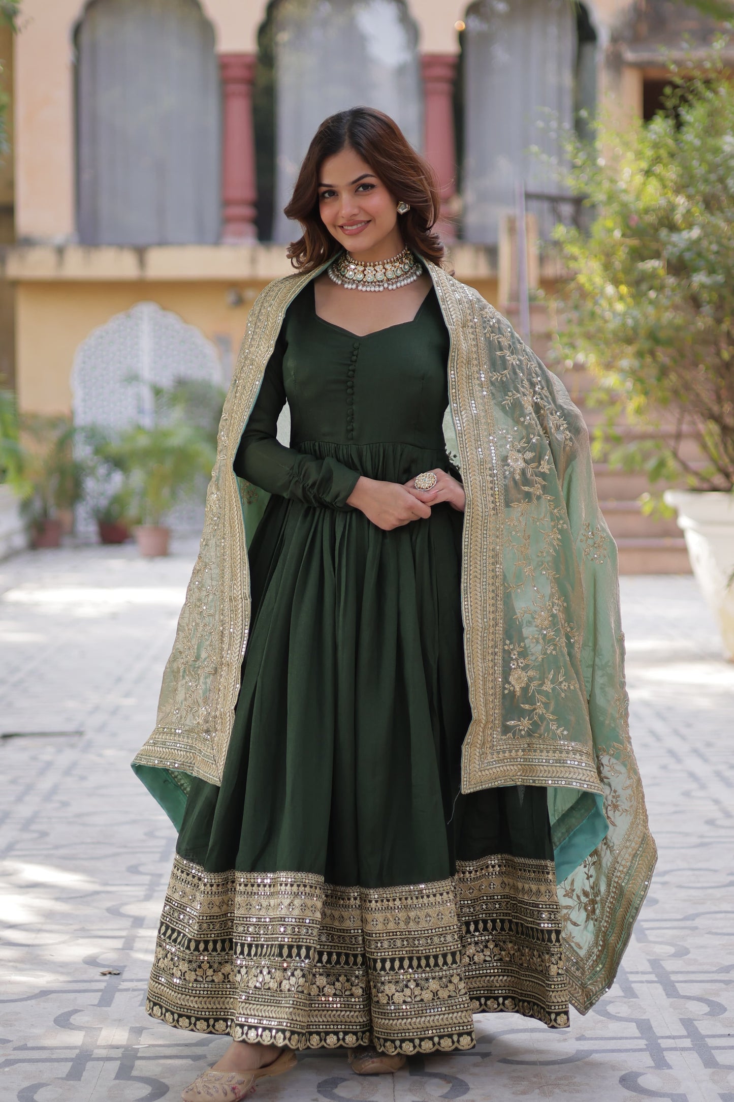 Mehendi Shimmer Vichitra Sequins Embroidered Work Gown With Dupatta