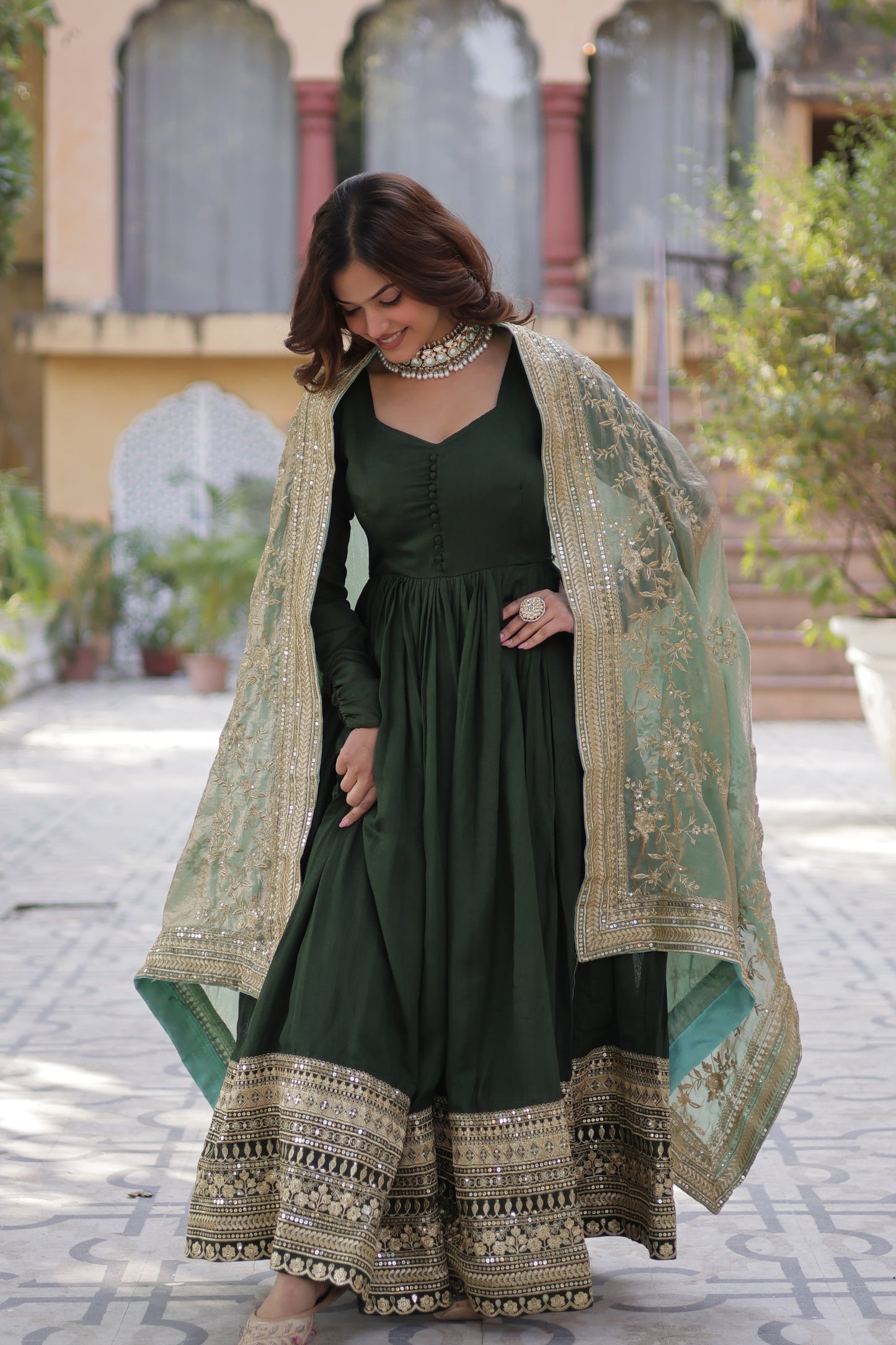 Mehendi Shimmer Vichitra Sequins Embroidered Work Gown With Dupatta