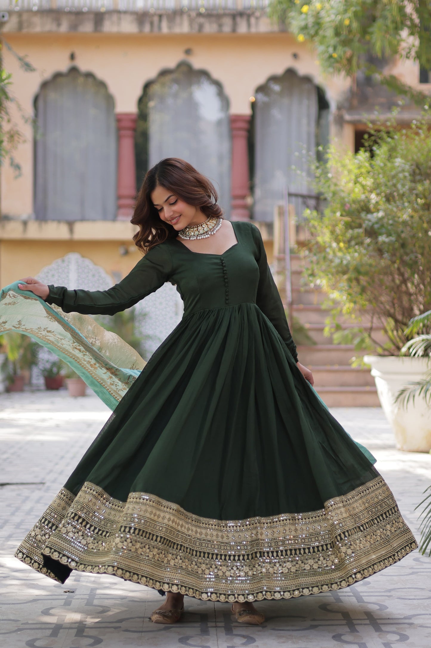 Mehendi Shimmer Vichitra Sequins Embroidered Work Gown With Dupatta