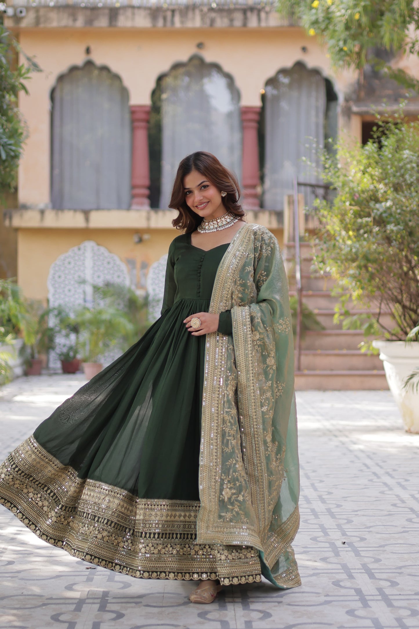 Mehendi Shimmer Vichitra Sequins Embroidered Work Gown With Dupatta