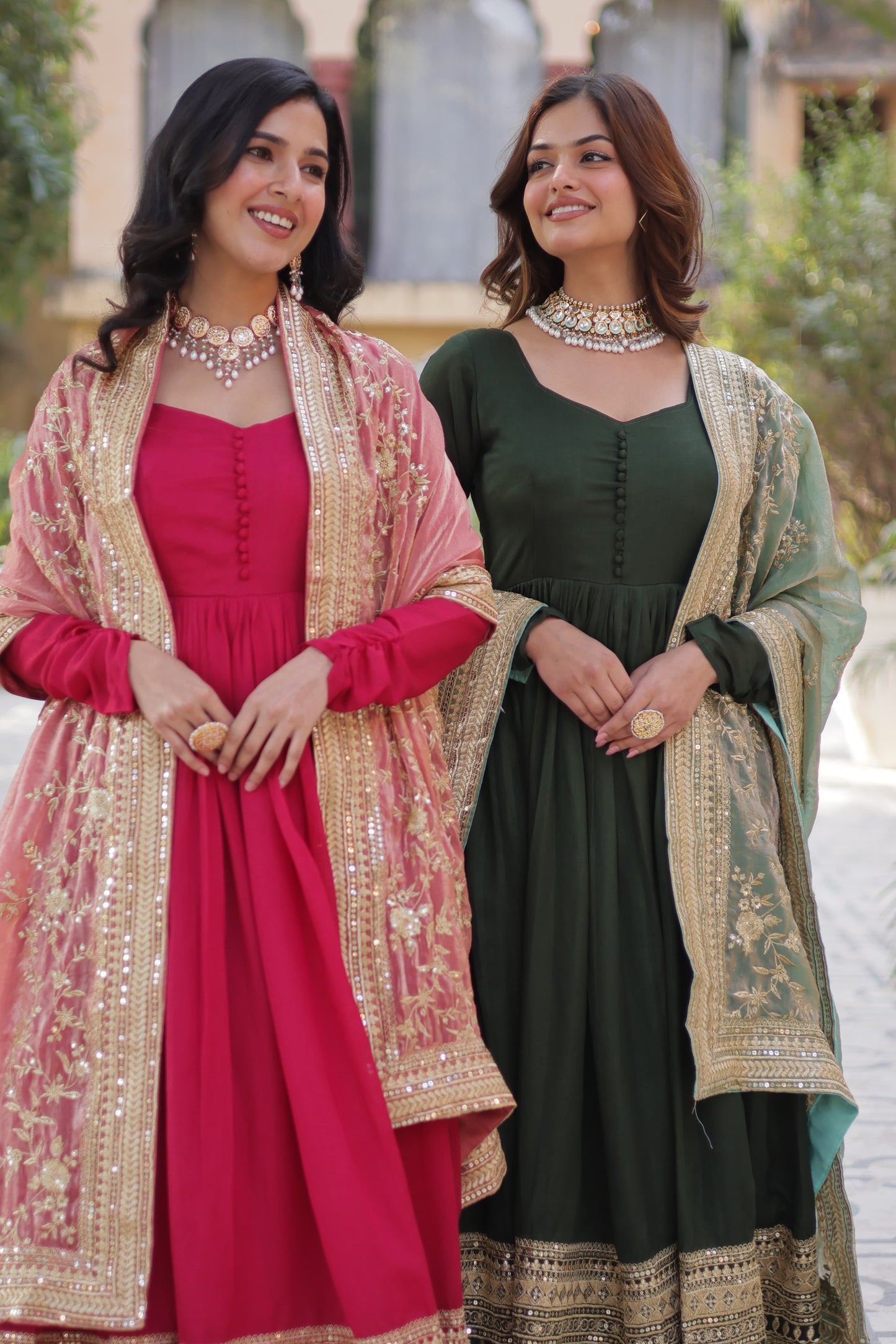 Mehendi Shimmer Vichitra Sequins Embroidered Work Gown With Dupatta