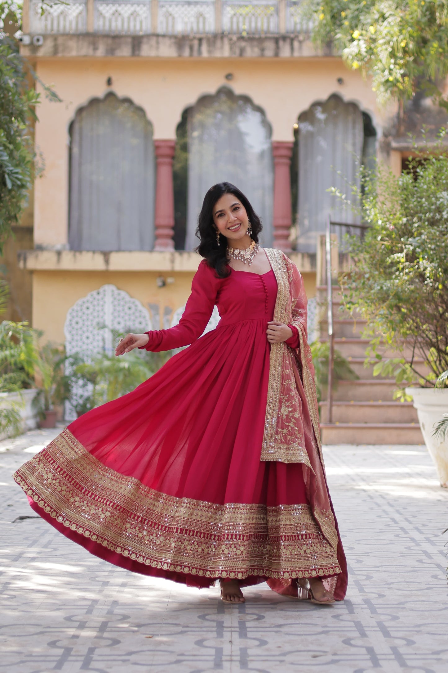 Mehendi Shimmer Vichitra Sequins Embroidered Work Gown With Dupatta