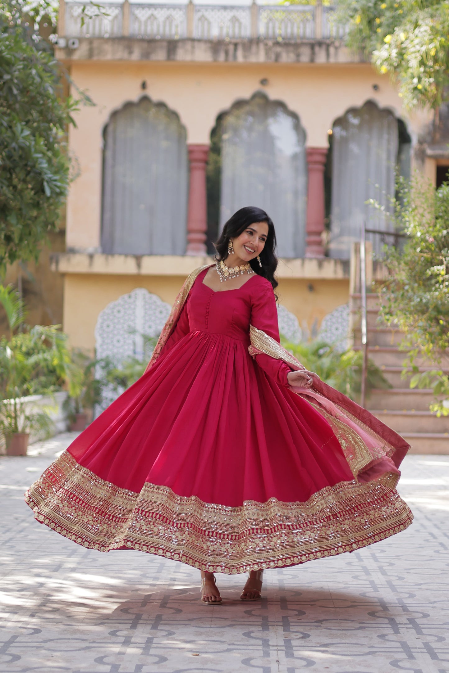 Mehendi Shimmer Vichitra Sequins Embroidered Work Gown With Dupatta