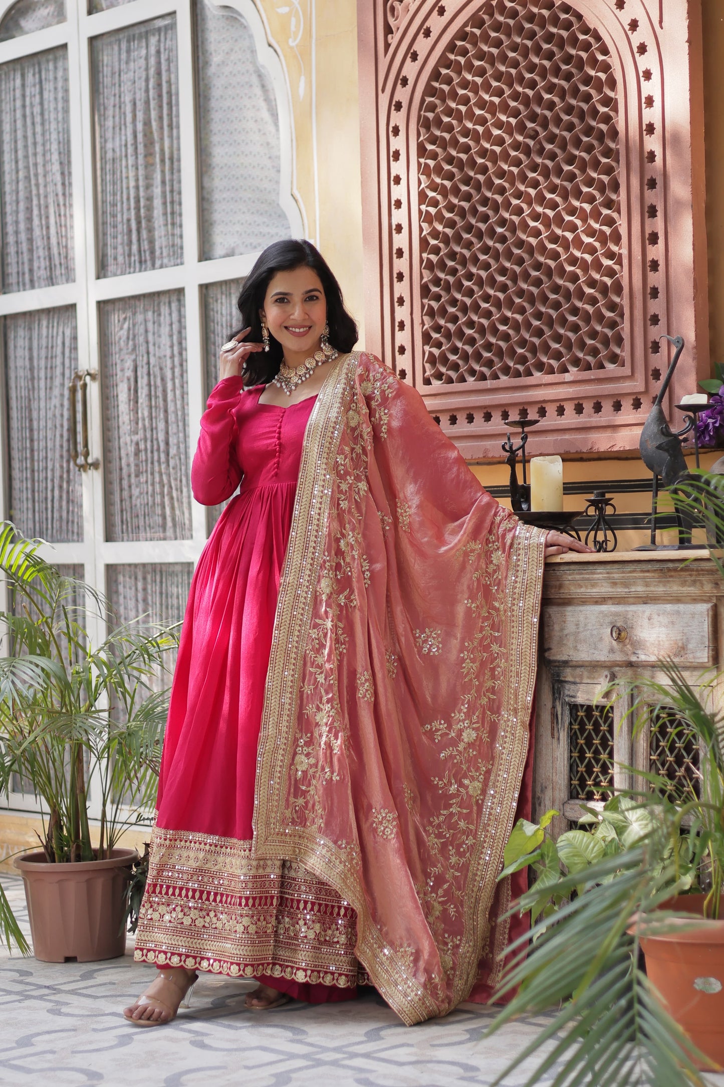 Mehendi Shimmer Vichitra Sequins Embroidered Work Gown With Dupatta