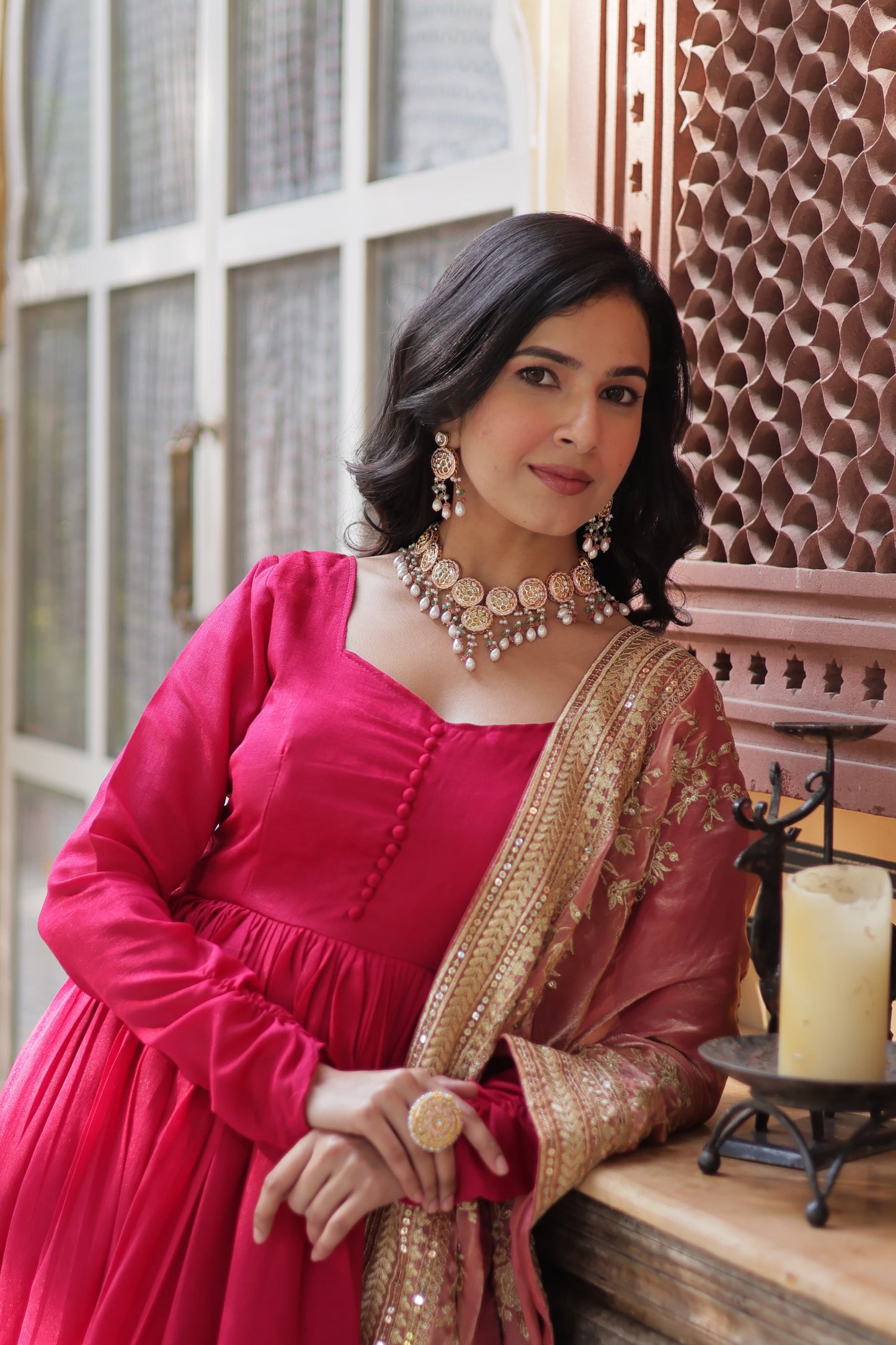 Mehendi Shimmer Vichitra Sequins Embroidered Work Gown With Dupatta
