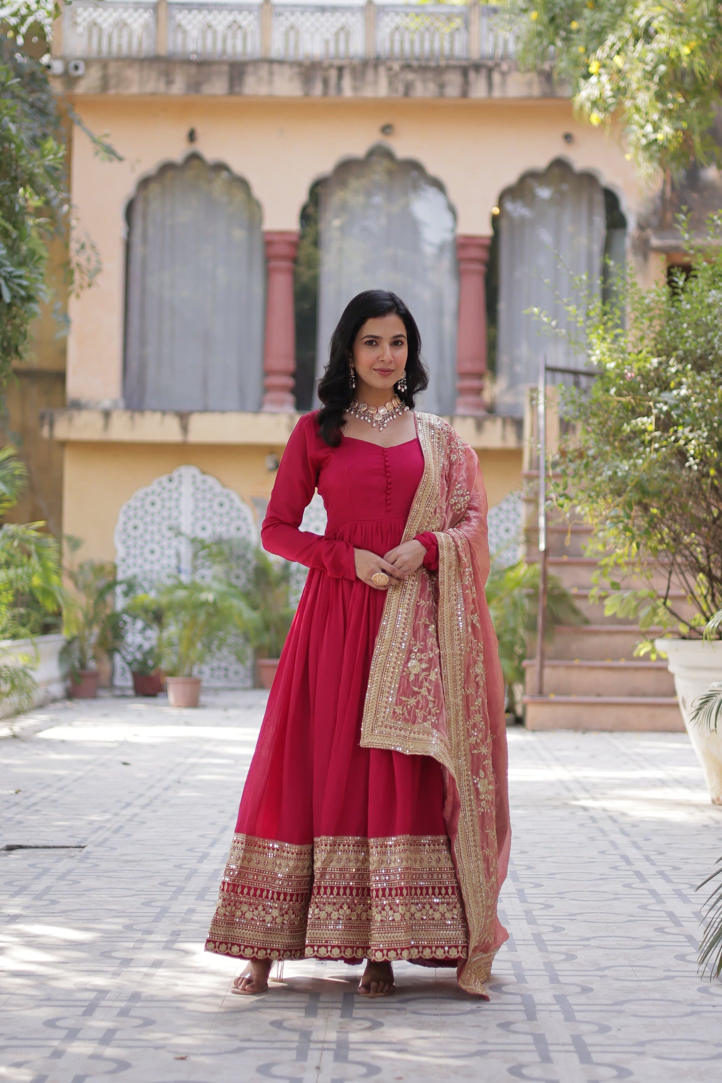Mehendi Shimmer Vichitra Sequins Embroidered Work Gown With Dupatta