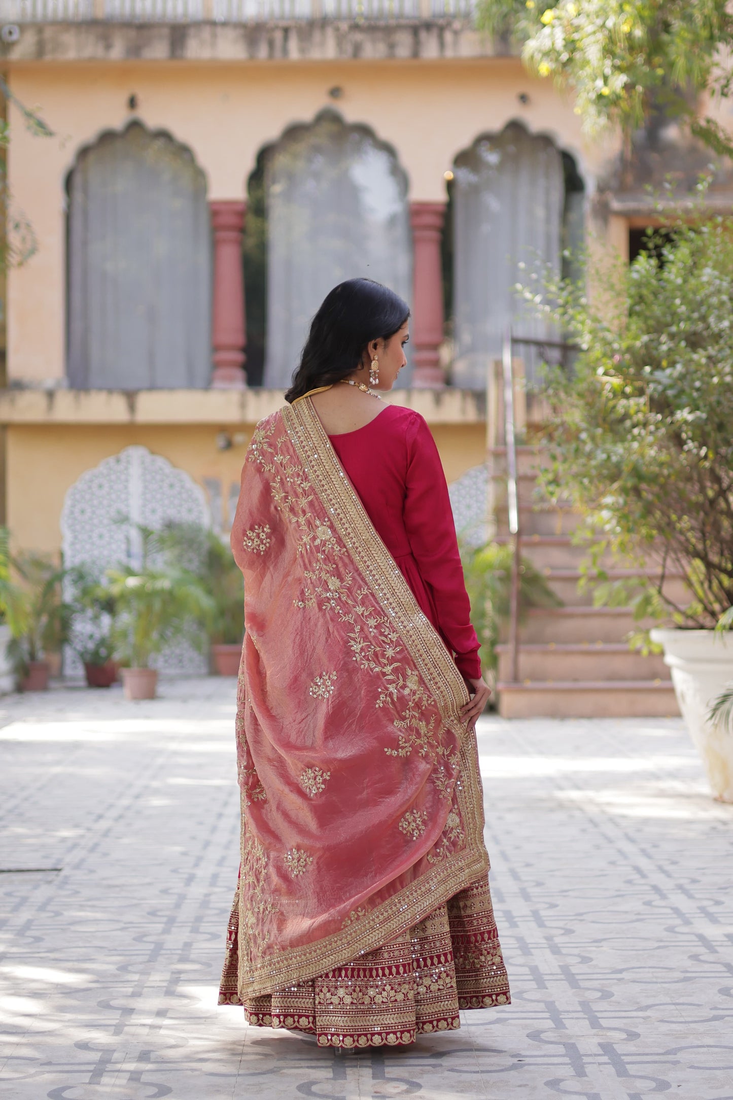 Mehendi Shimmer Vichitra Sequins Embroidered Work Gown With Dupatta