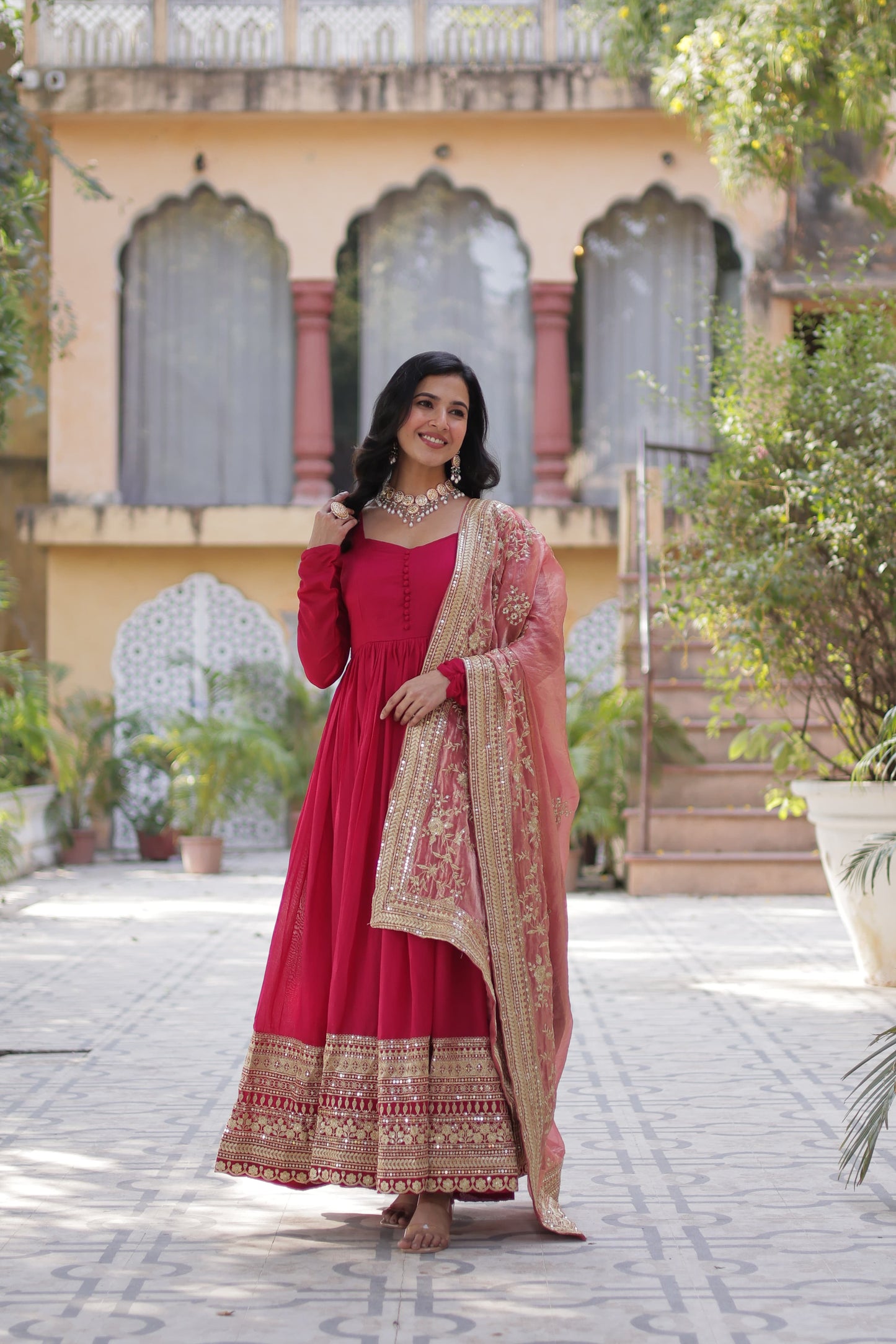 Mehendi Shimmer Vichitra Sequins Embroidered Work Gown With Dupatta
