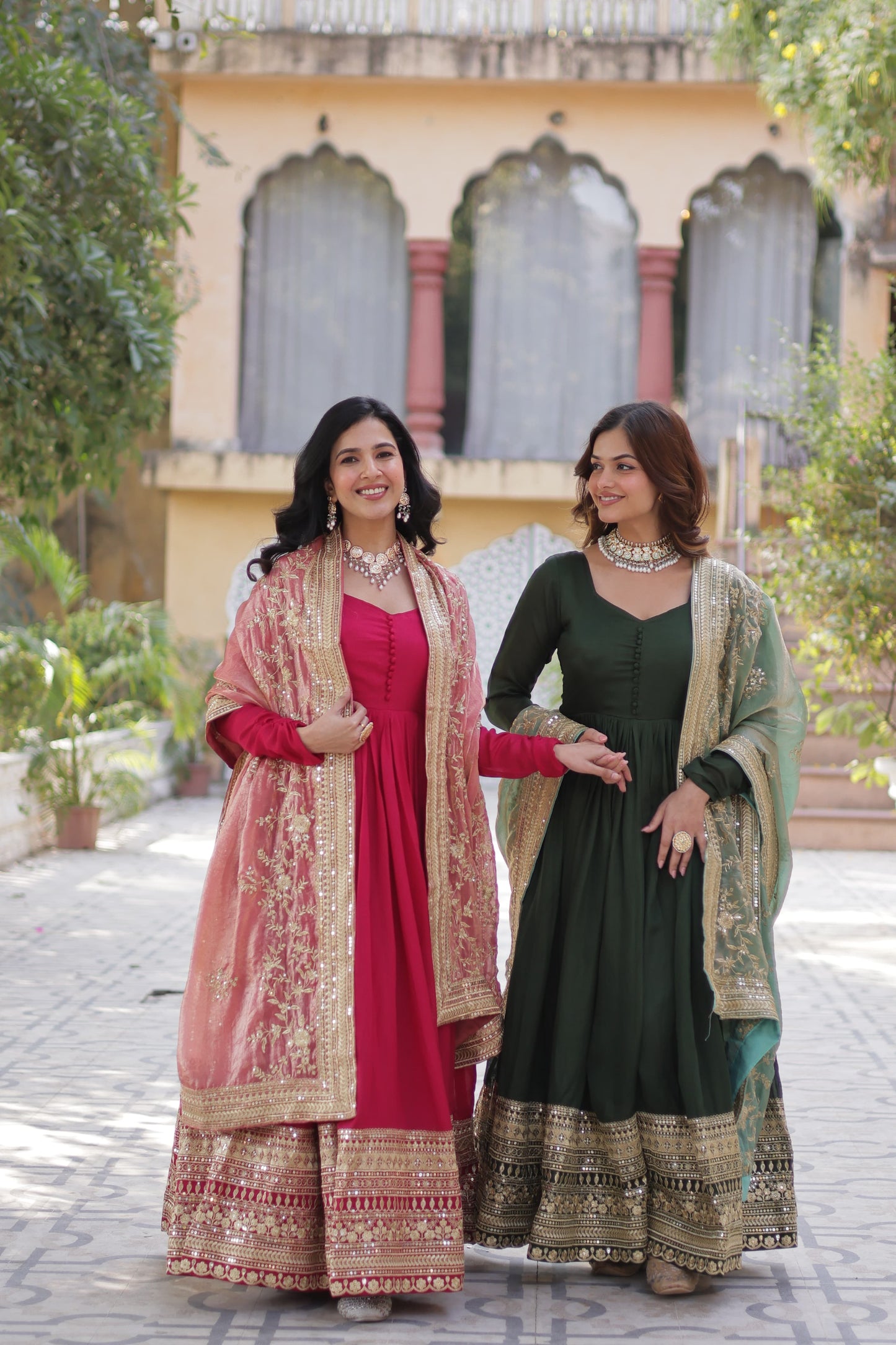 Mehendi Shimmer Vichitra Sequins Embroidered Work Gown With Dupatta