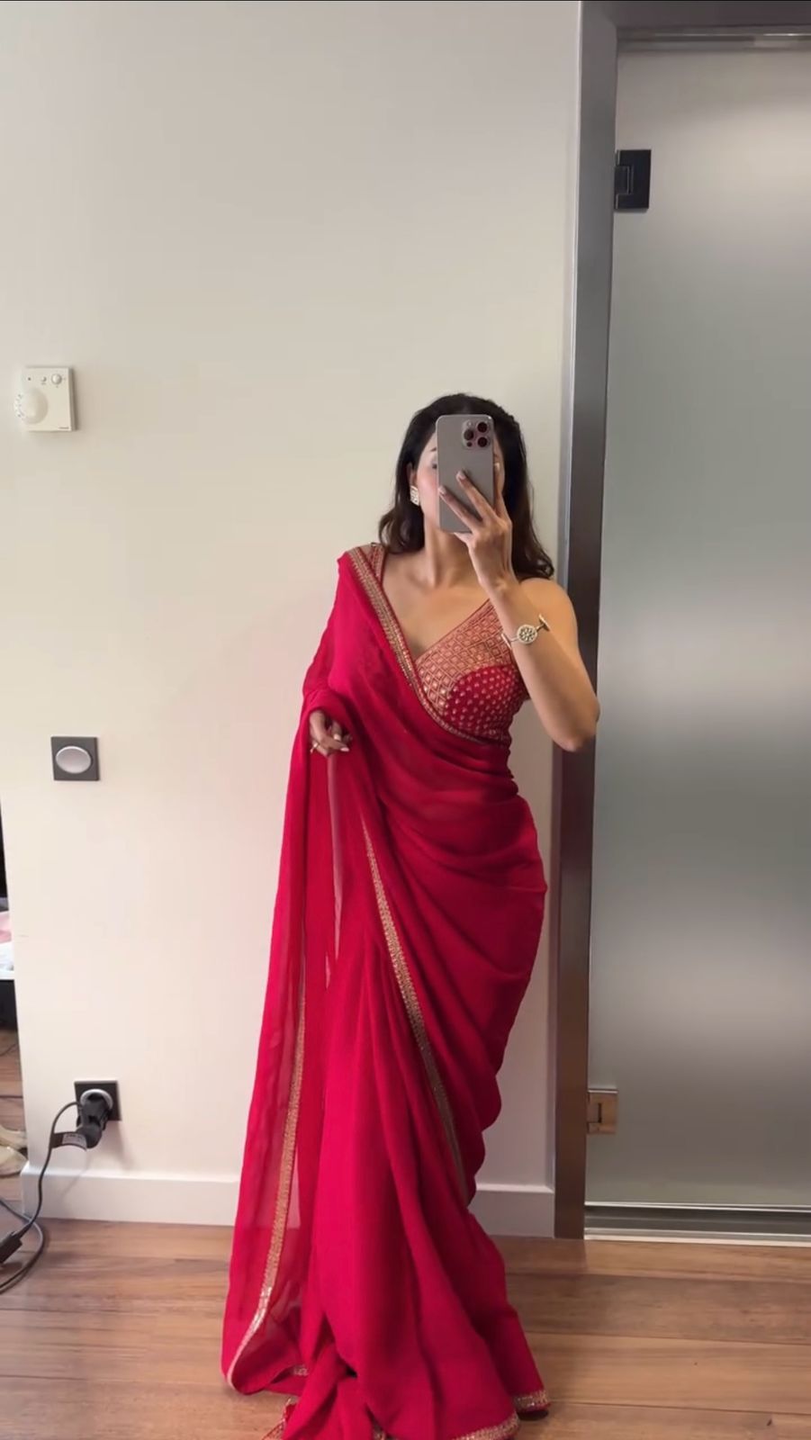 Red Sequins work Georgette Saree