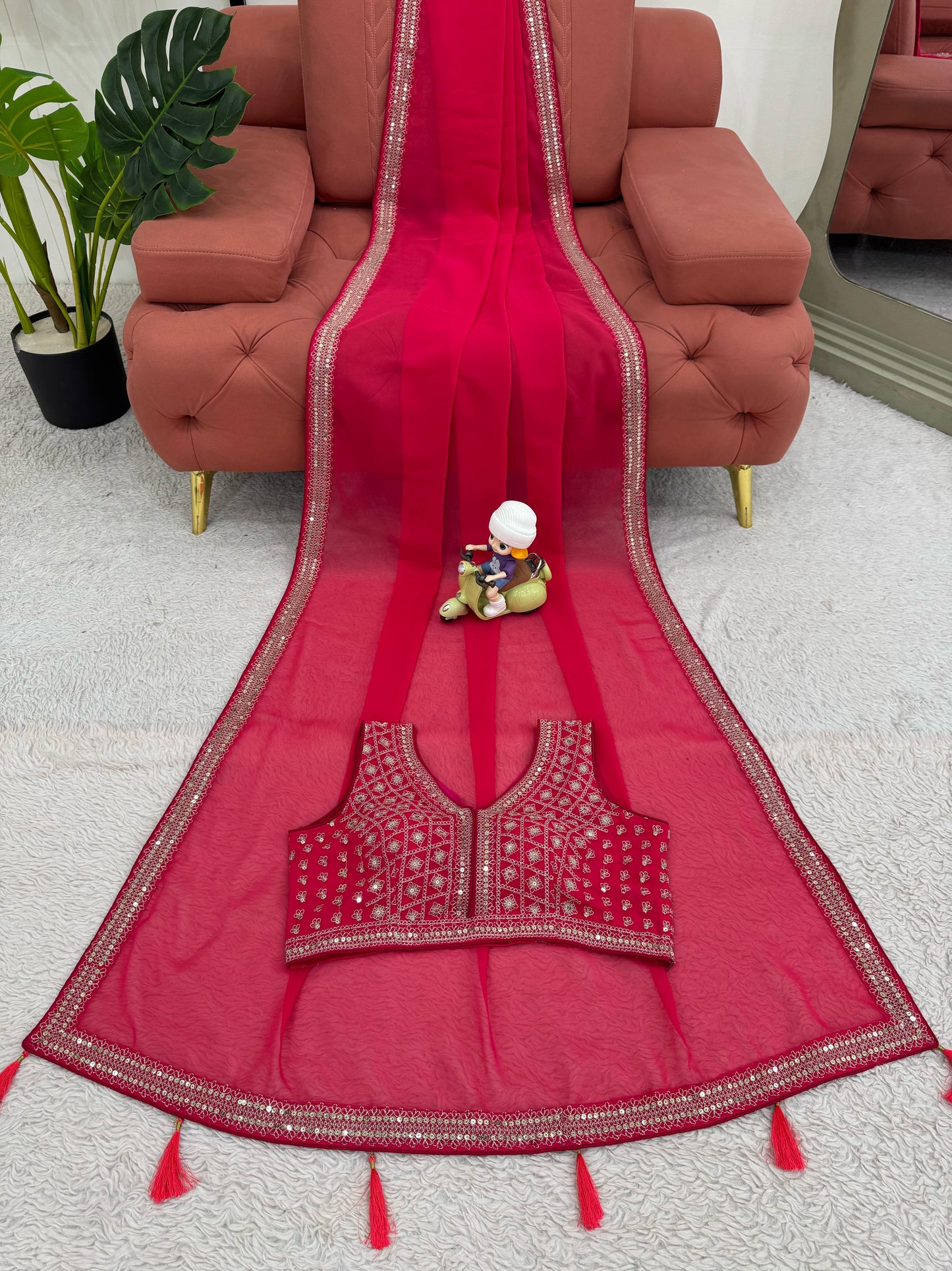 Red Sequins work Georgette Saree