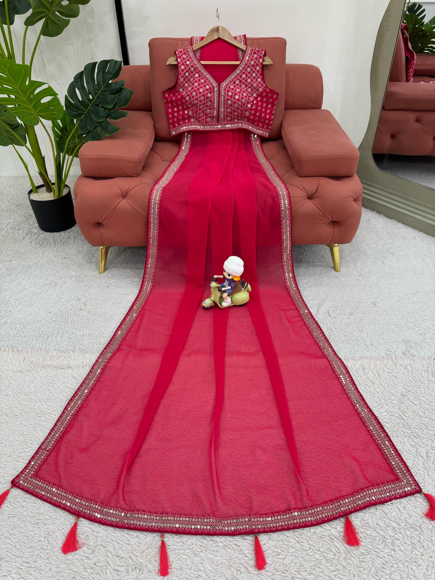 Red Sequins work Georgette Saree