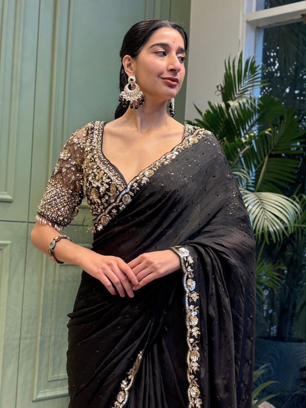 Black Soft Rangoli Silk With Diamond Work Saree