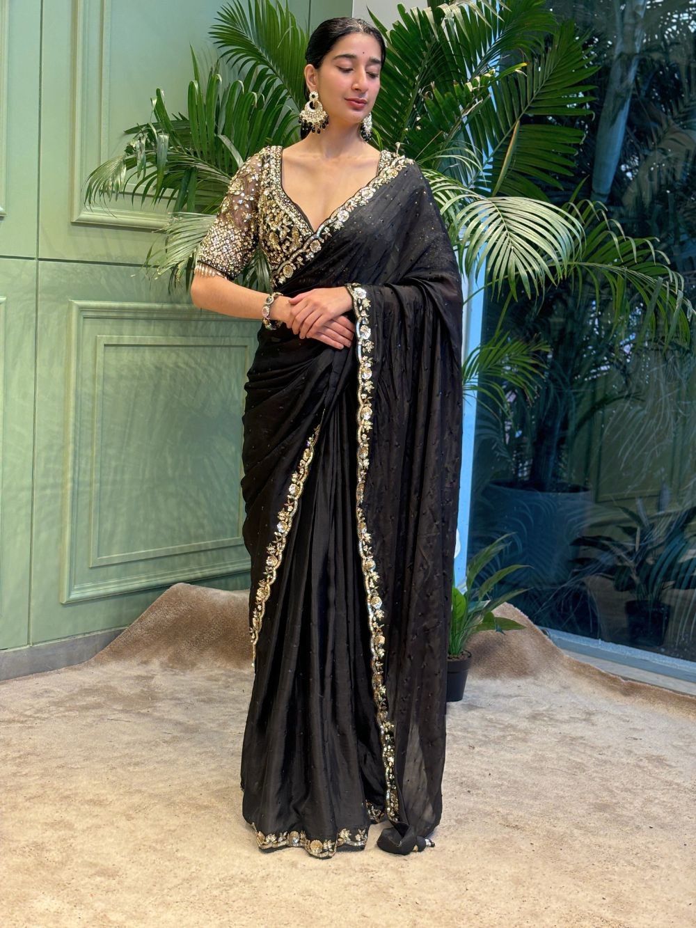 Black Soft Rangoli Silk With Diamond Work Saree