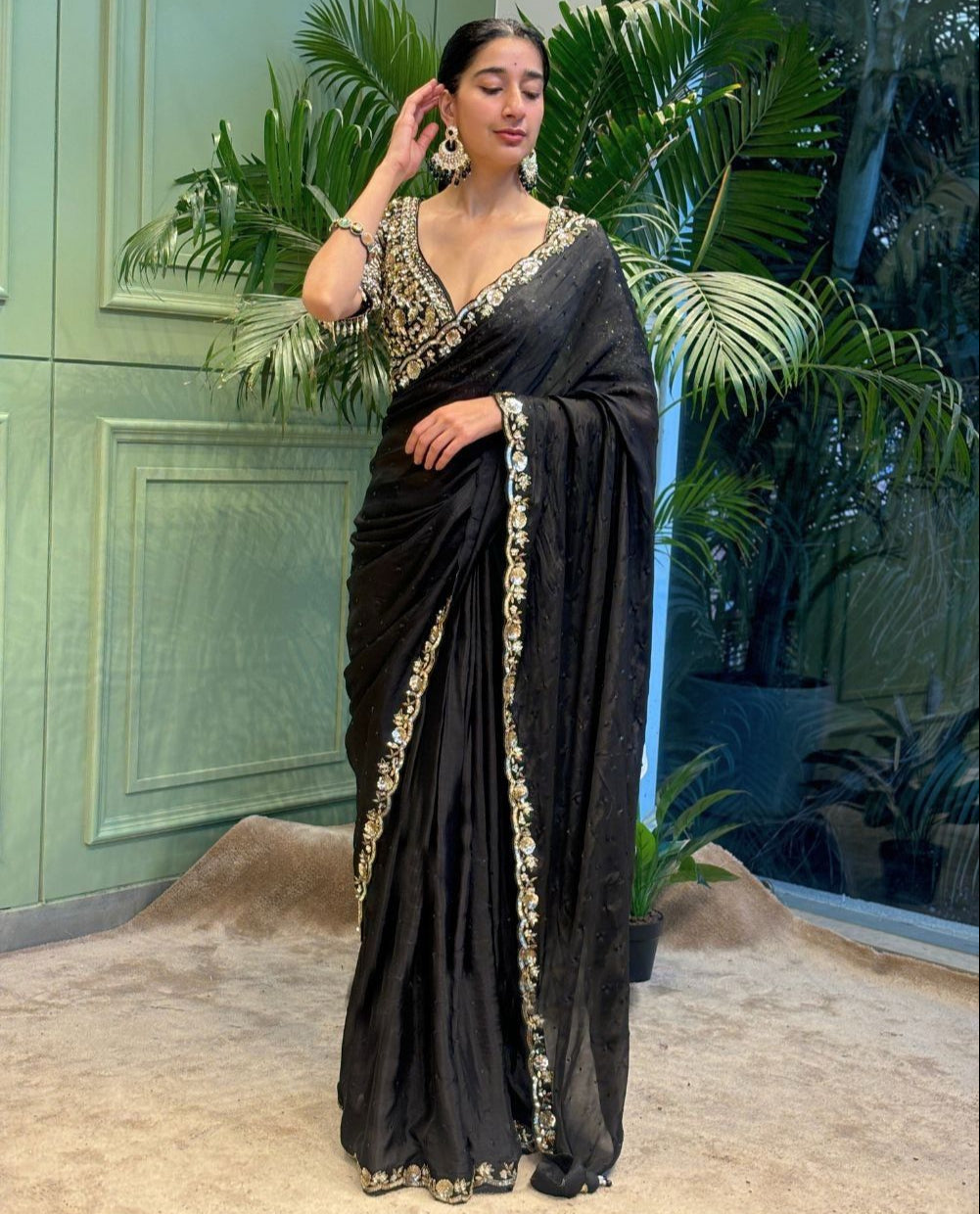 Black Soft Rangoli Silk With Diamond Work Saree