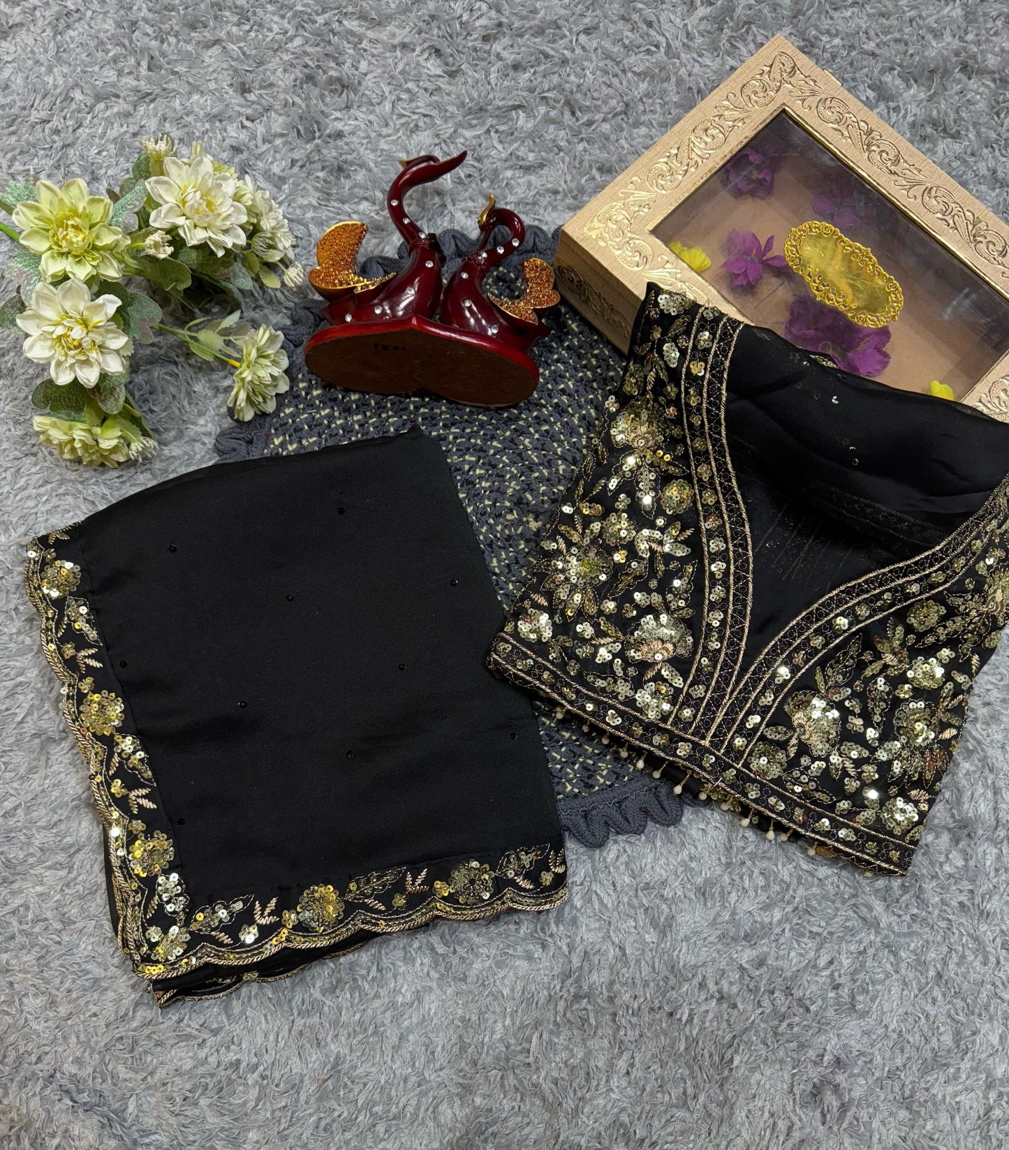 Black Soft Rangoli Silk With Diamond Work Saree