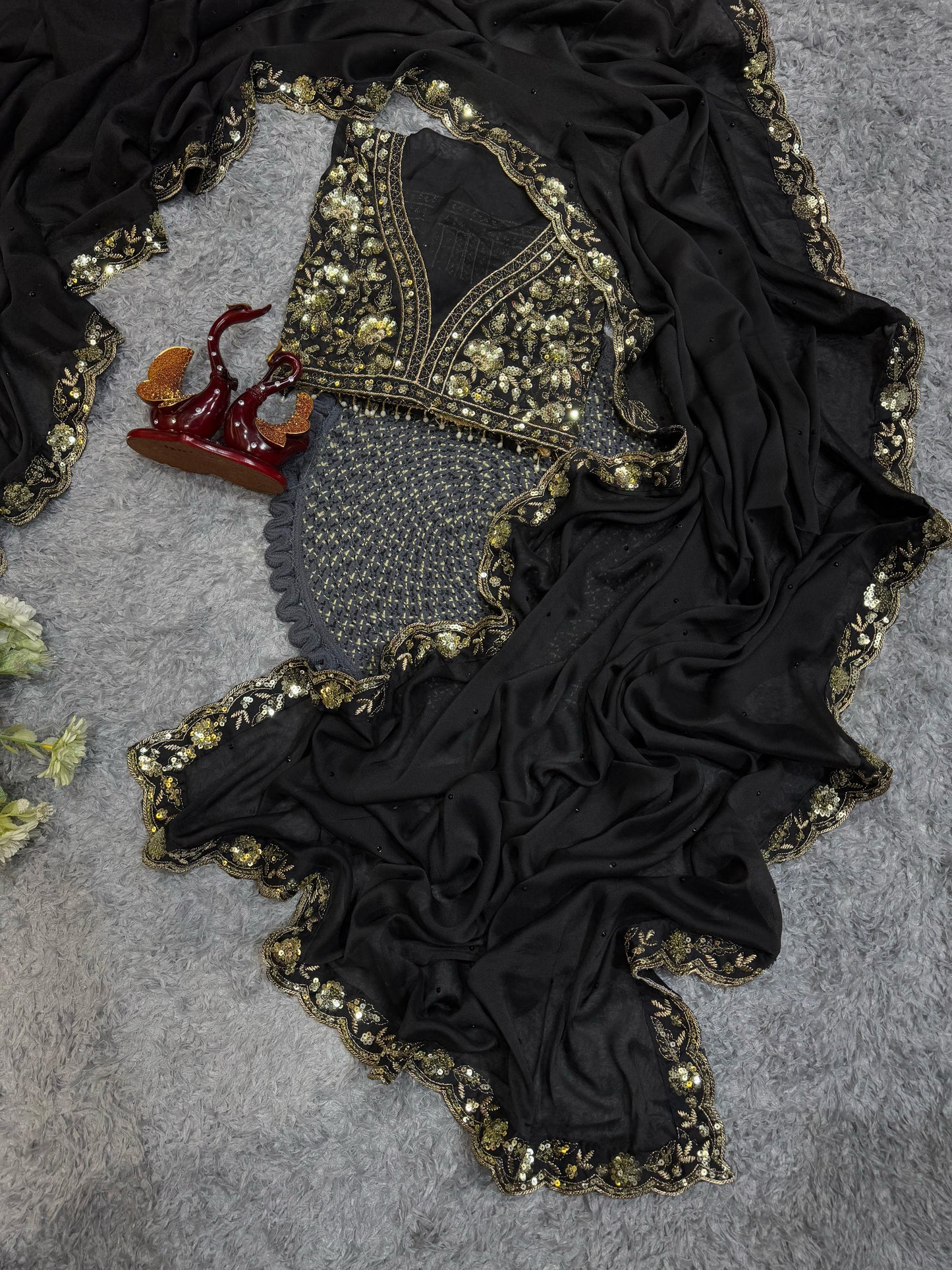Black Soft Rangoli Silk With Diamond Work Saree