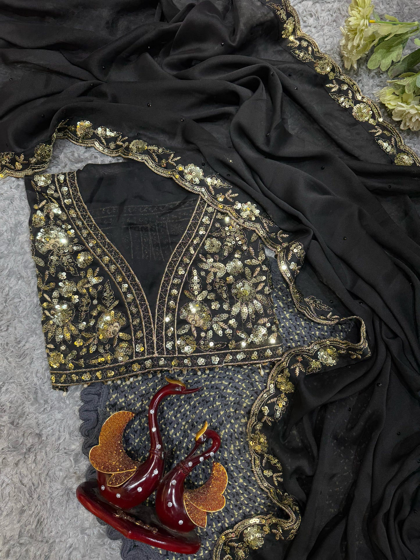 Black Soft Rangoli Silk With Diamond Work Saree