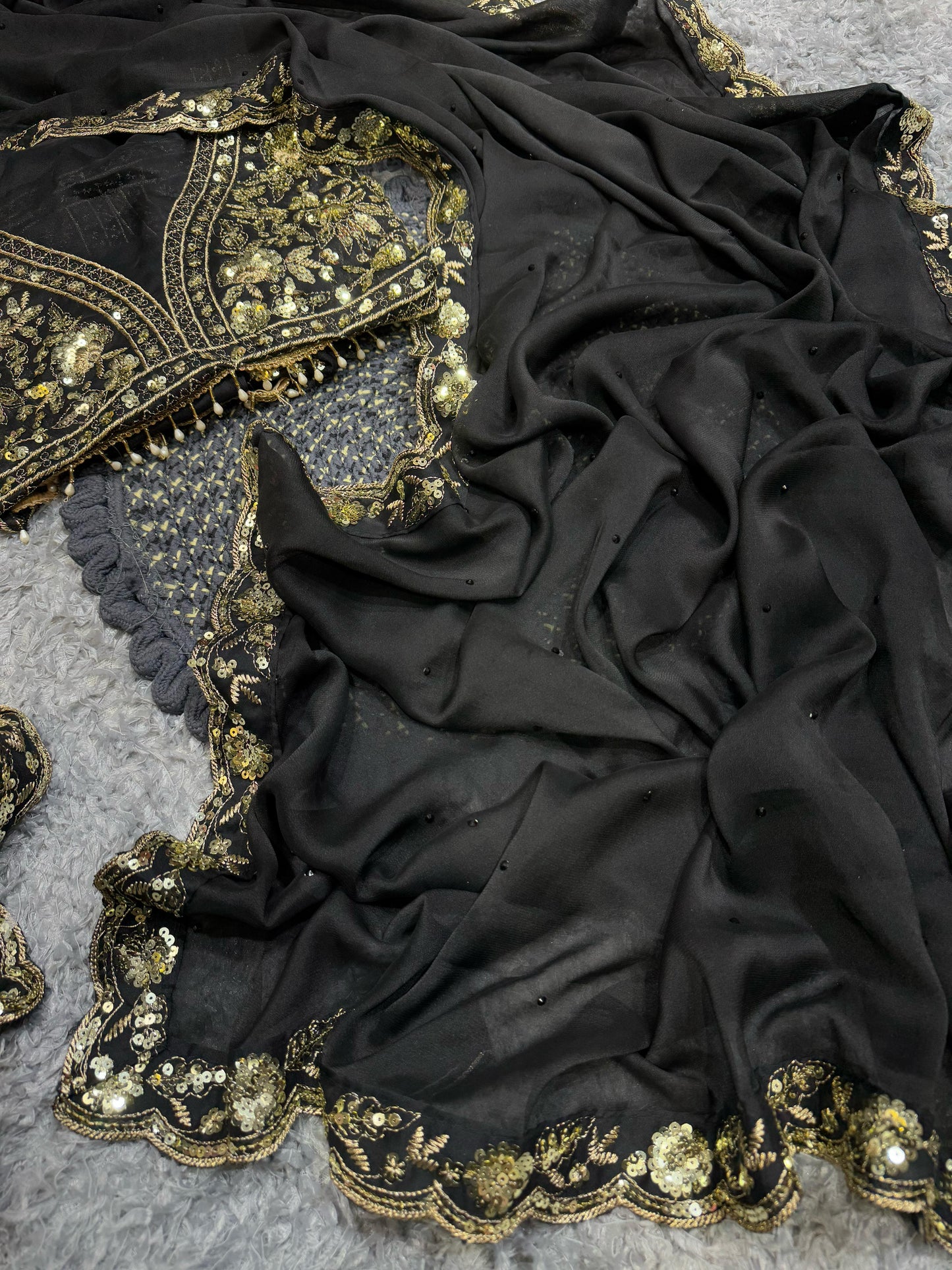 Black Soft Rangoli Silk With Diamond Work Saree