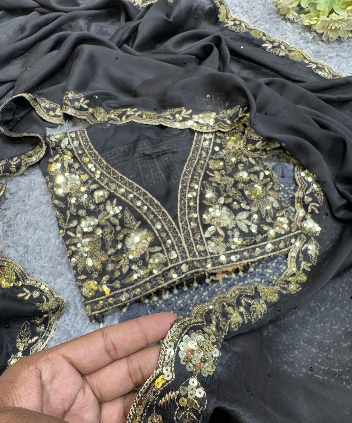 Black Soft Rangoli Silk With Diamond Work Saree