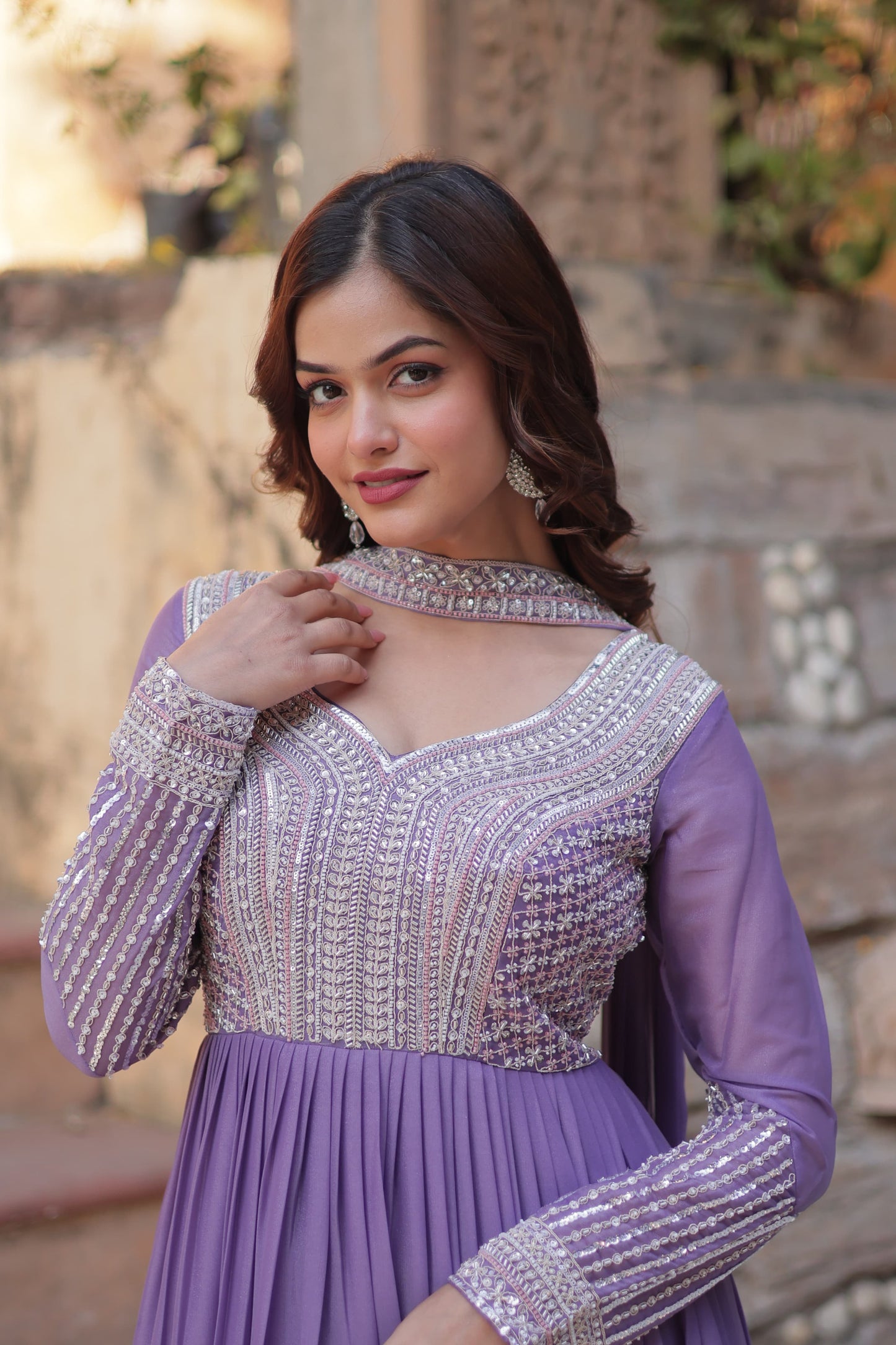 Lavender Star Georgette Sequins Work Gown With Dupatta