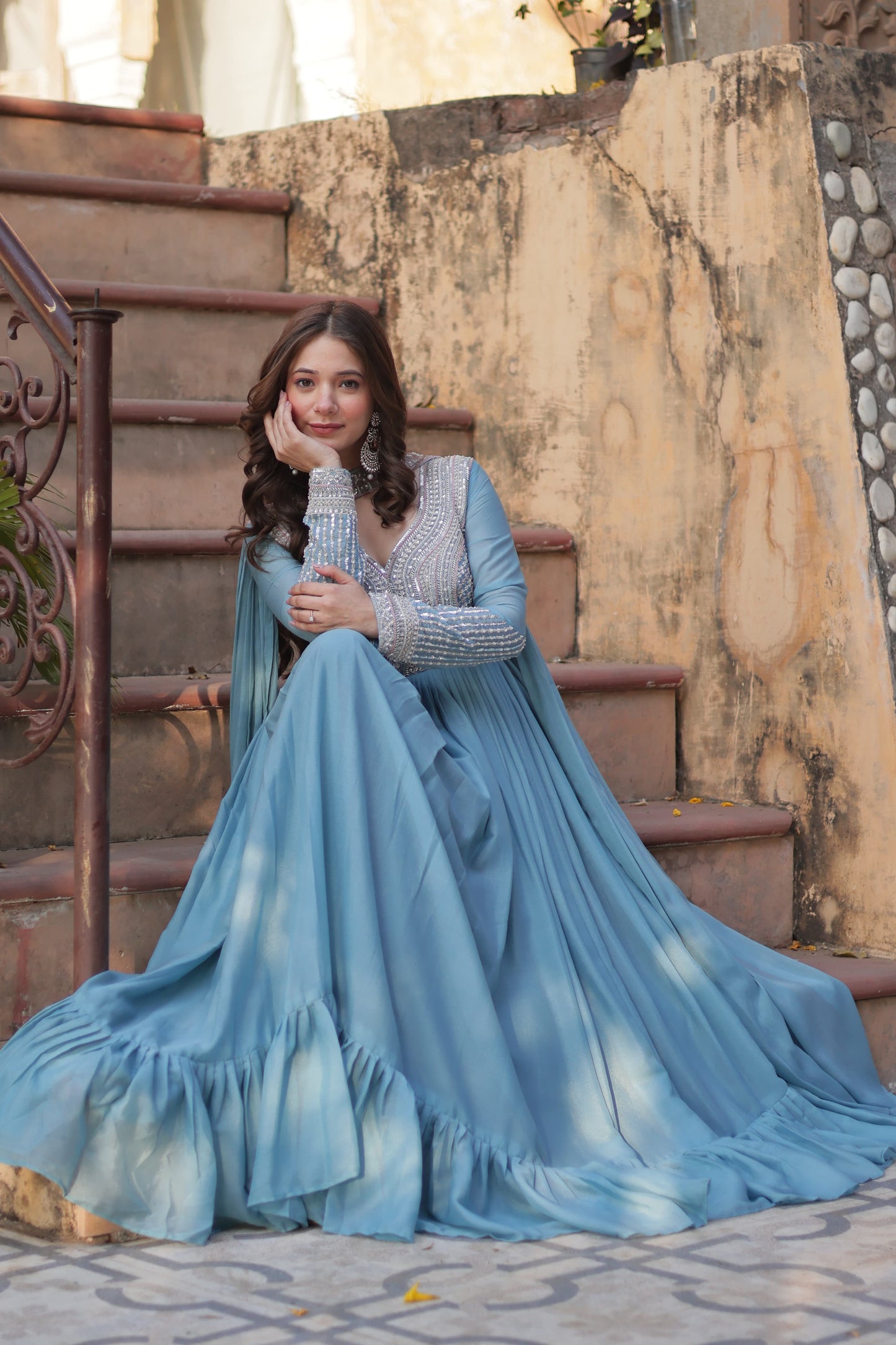 Lavender Star Georgette Sequins Work Gown With Dupatta
