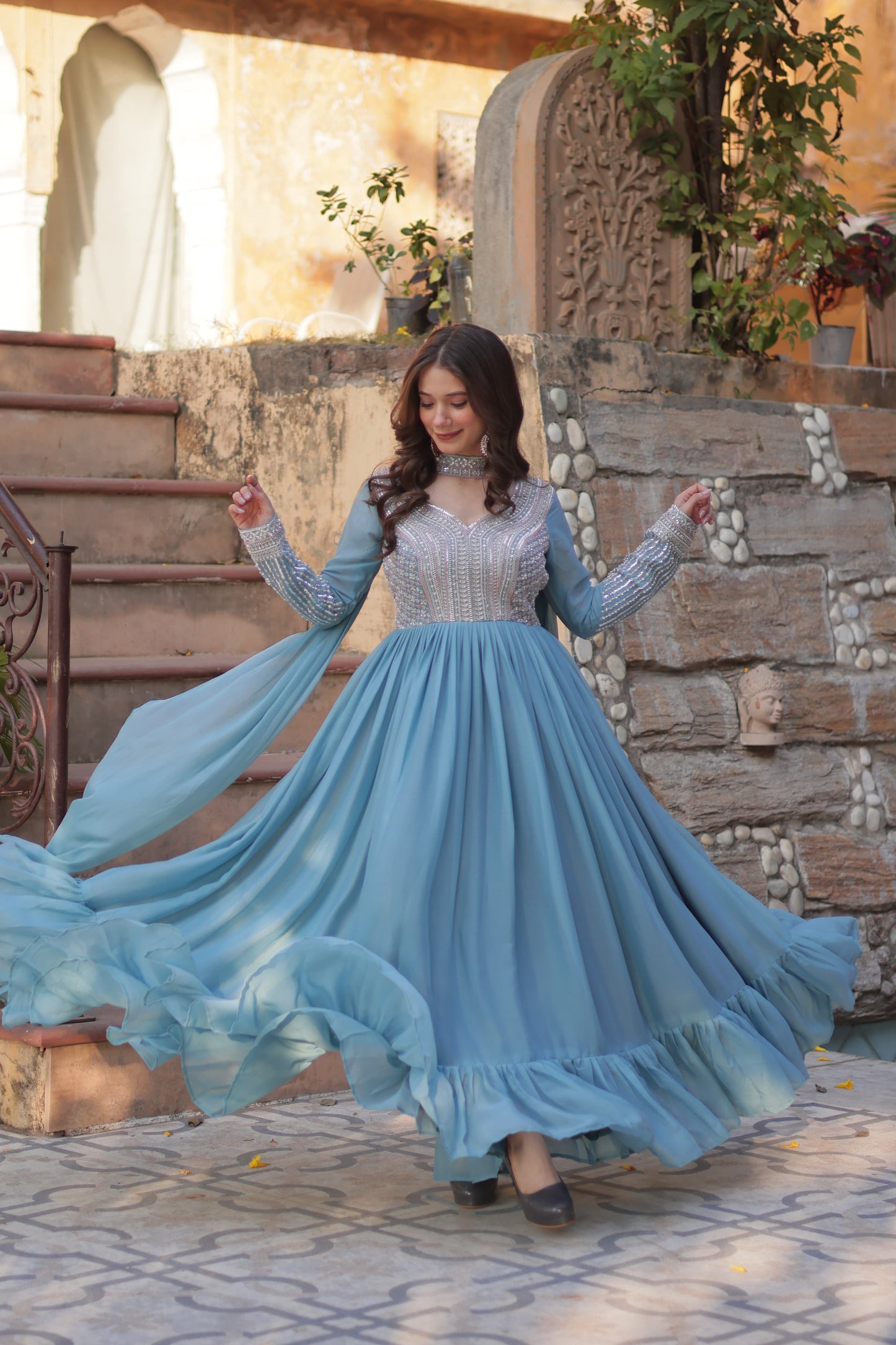 Lavender Star Georgette Sequins Work Gown With Dupatta